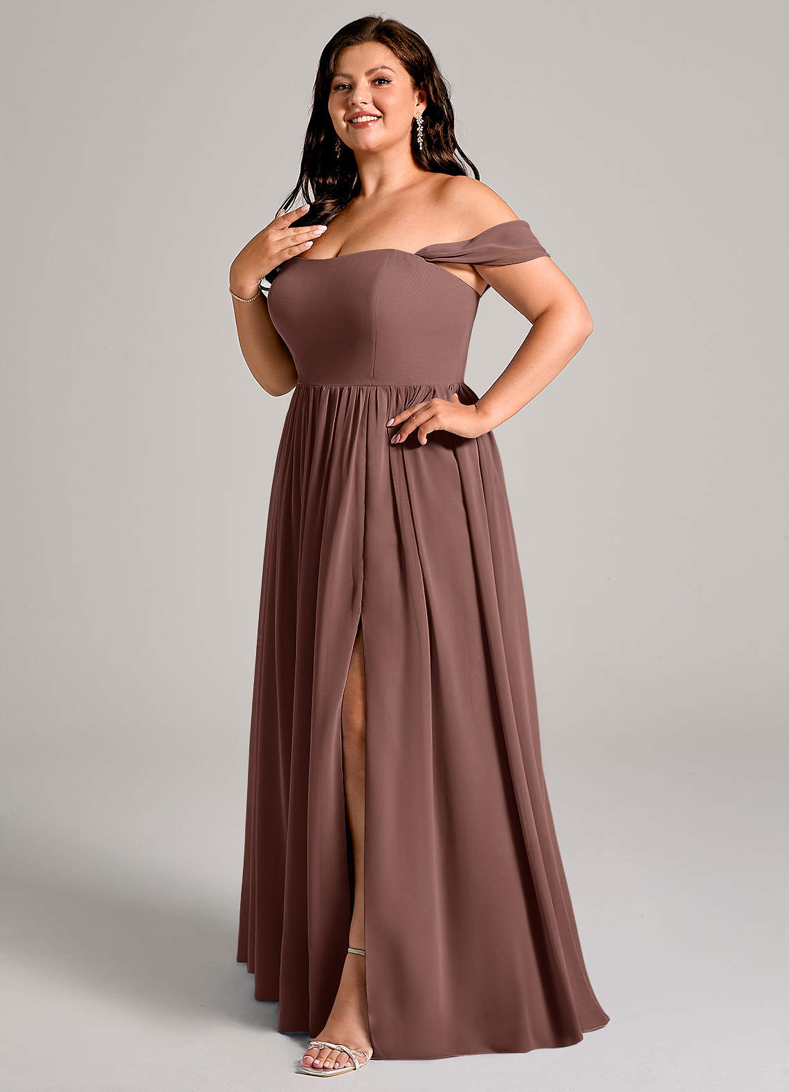 Azazie Calianna Bridesmaid Dresses Espresso A-Line Off the Shoulder Chiffon Convertible Dress image1