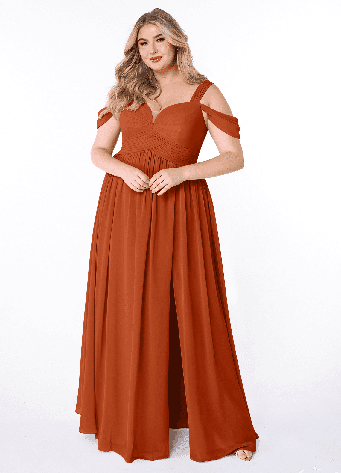 Azazie Lianne Bridesmaid Dresses Burnt Orange A-Line Off the Shoulder Chiffon Dress image1