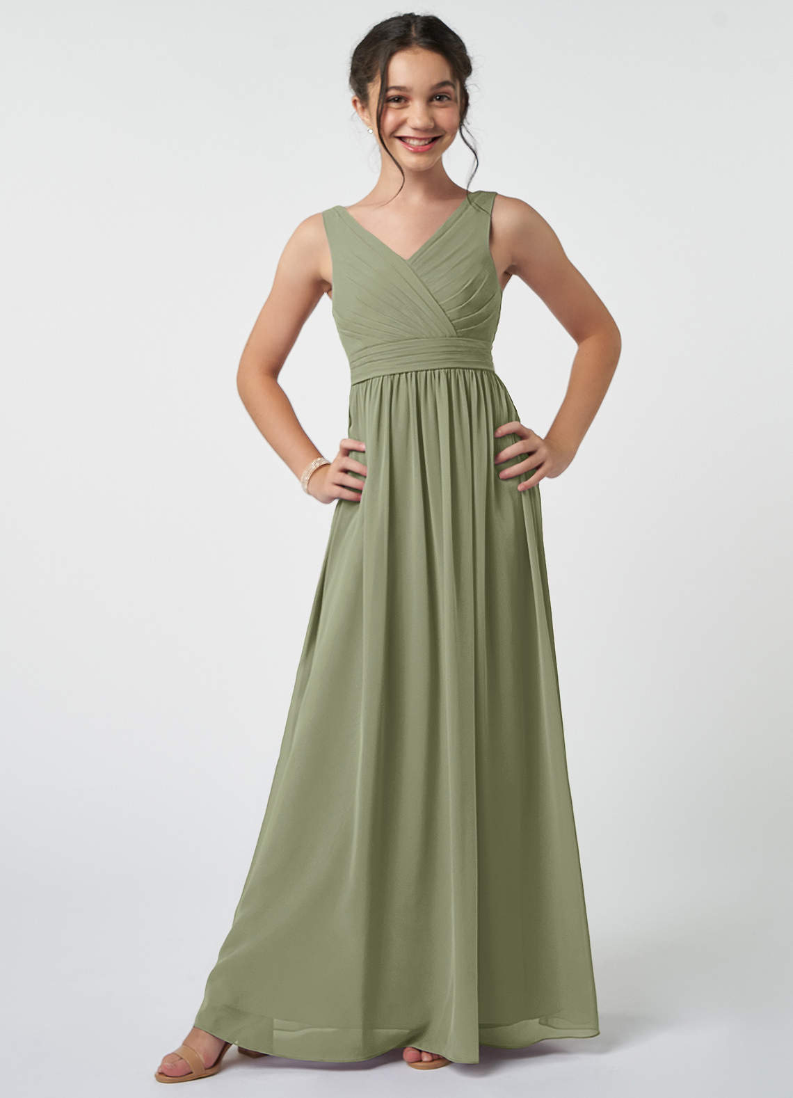Azazie Kora Junior Pistachio A-Line Pleated Chiffon Dress image1