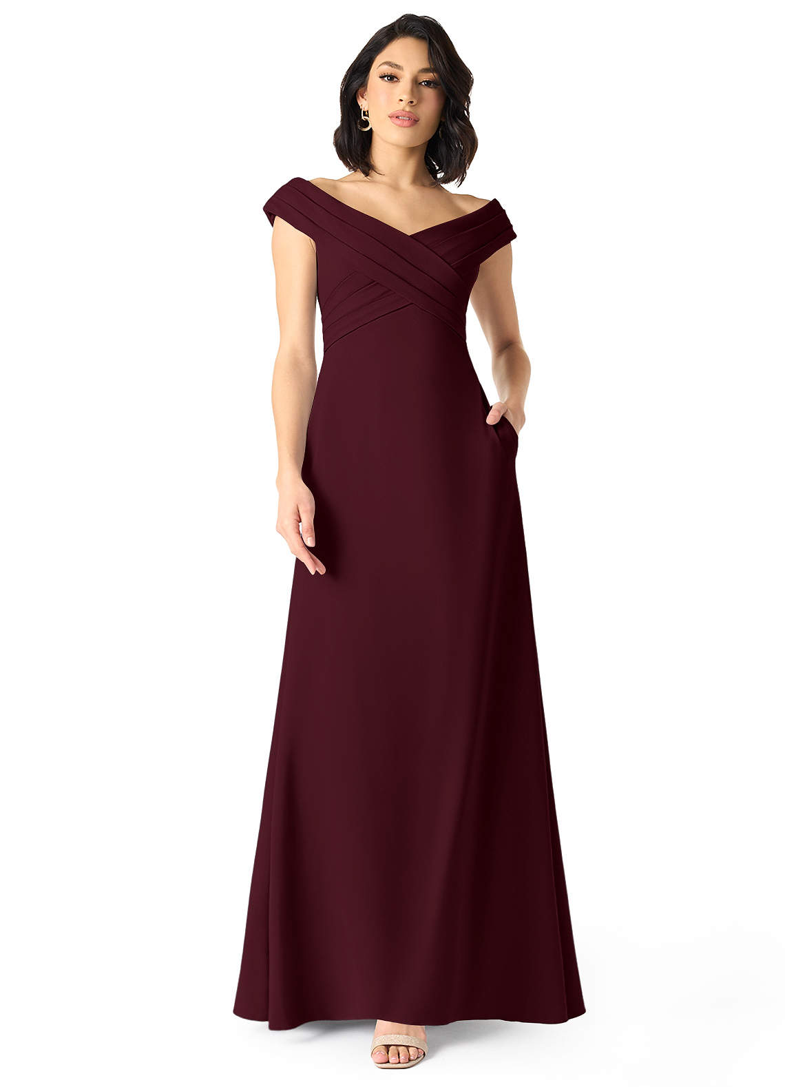 Azazie Evita Jurken voor bruidsmeisjes Jurk van Stretch crêpe met A-Lijn Off the Shoulder Cabernet image1