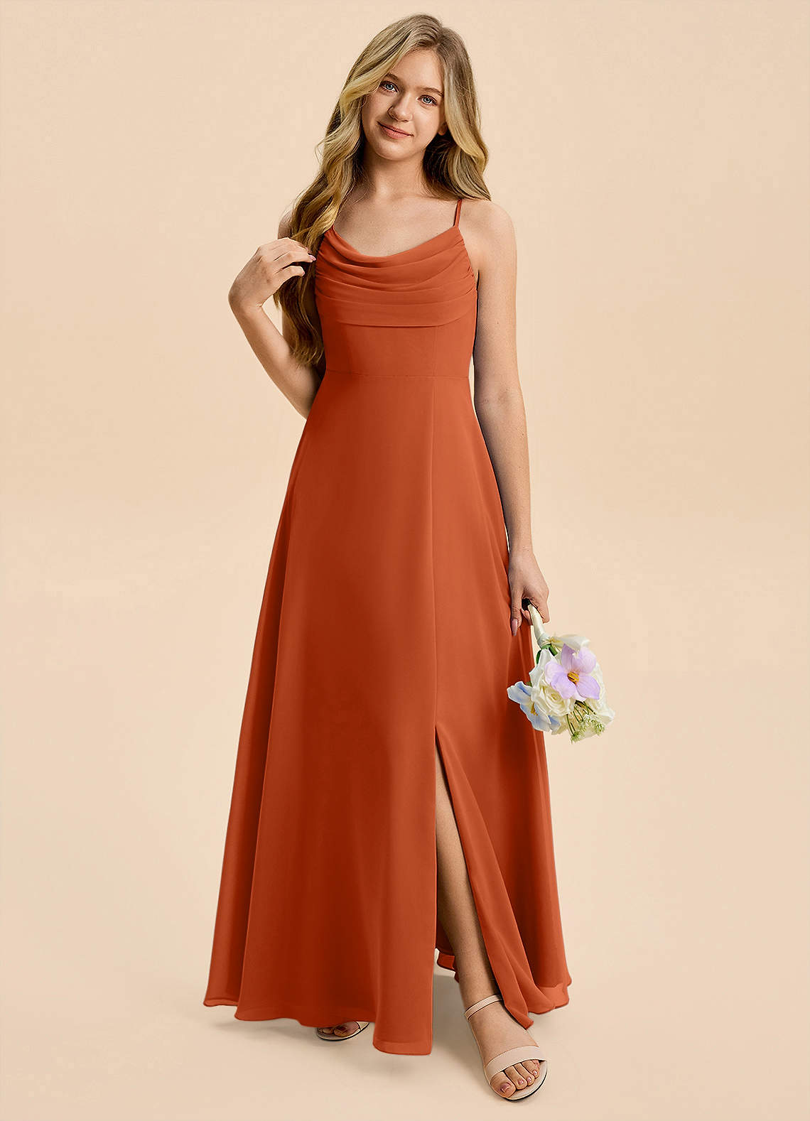 Azazie Gia Junior Burnt Orange A-Line Pleated Chiffon Dress image5