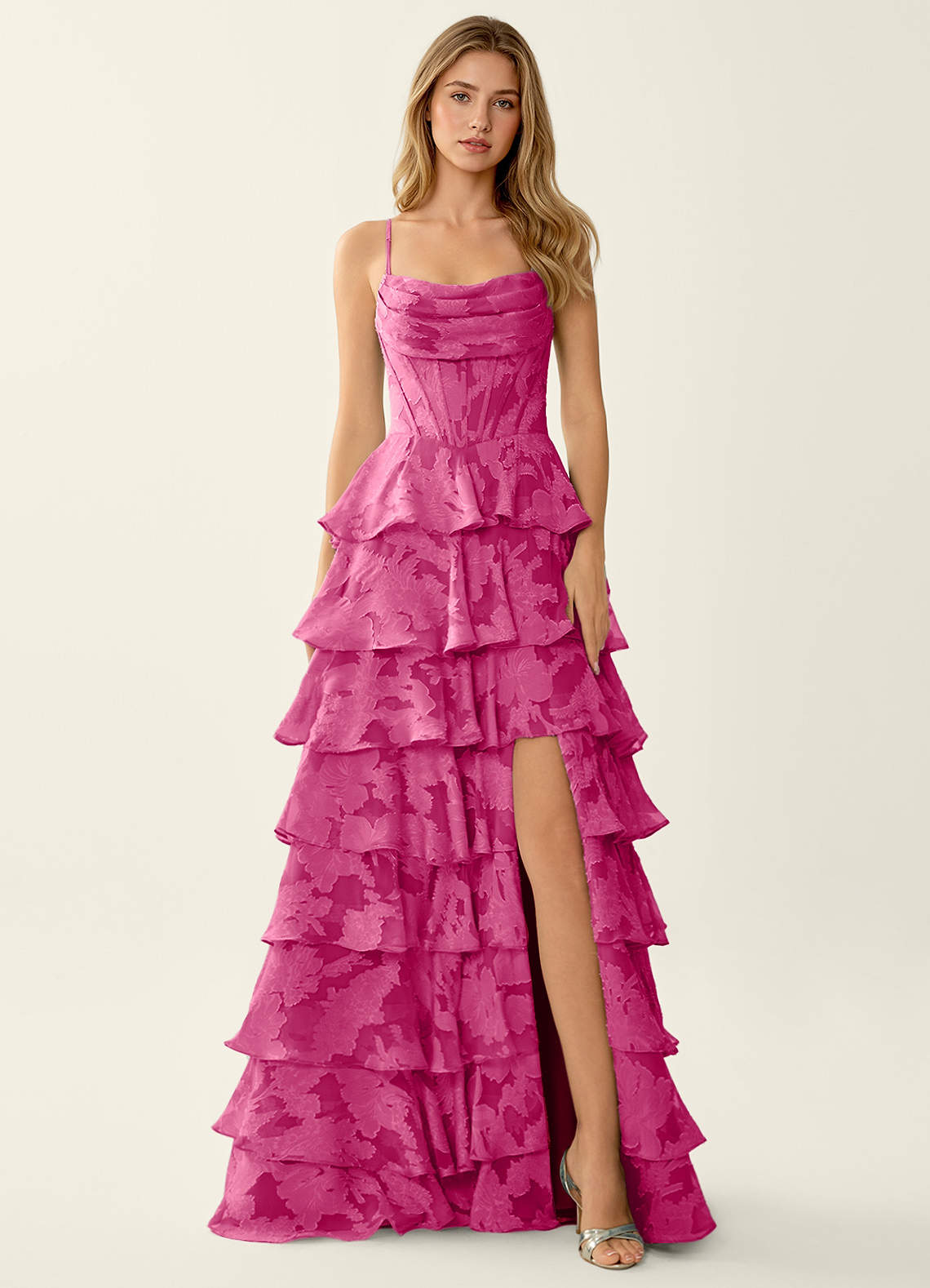 ichi　LE'RURE SERENA Jacquard flare Wrenana Fuchsia Textured Floral Jacquard Prom Dress | Azazie