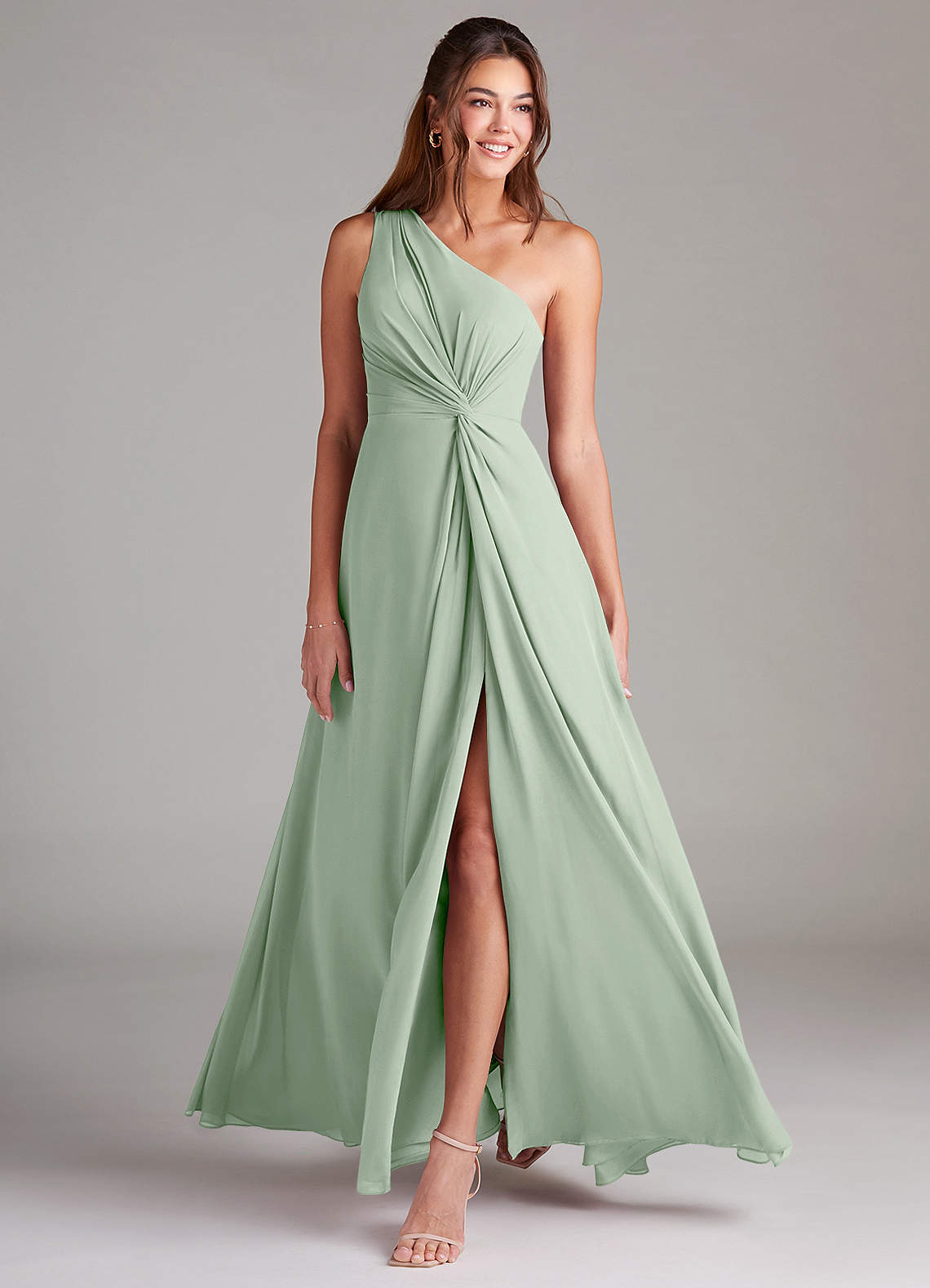 Azazie Brooke Bridesmaid Dresses Agave A-Line One Shoulder Chiffon Dress image2