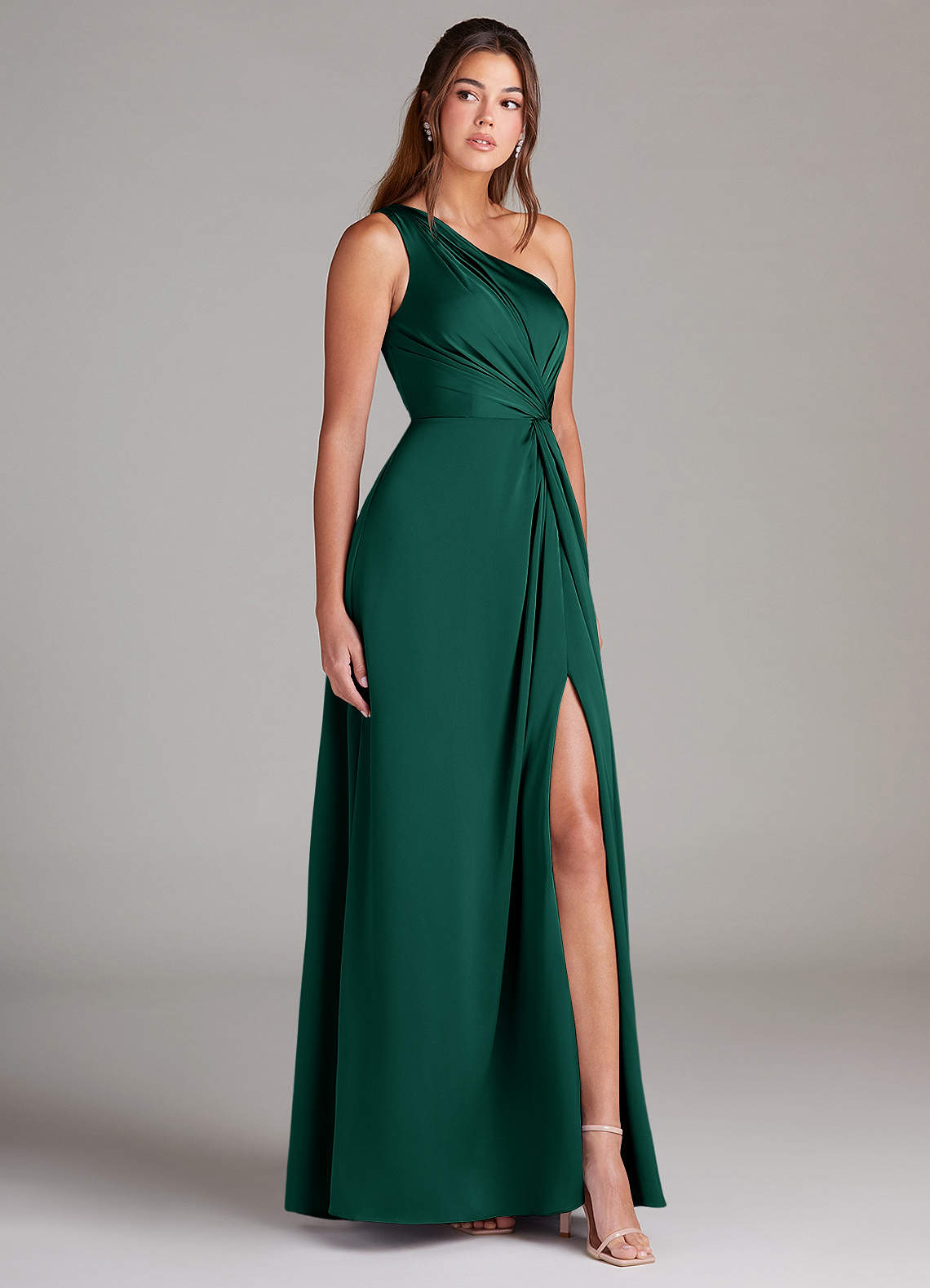 Azazie Brooke Bridesmaid Dresses Emerald A-Line One Shoulder Stretch Satin Dress image1