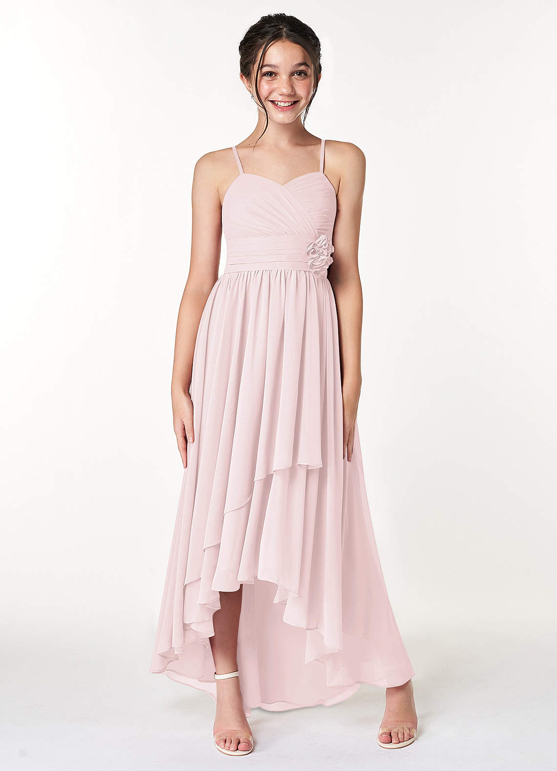 Azazie Catalina Junior Blushing Pink A-Line Ruched Chiffon Dress image3