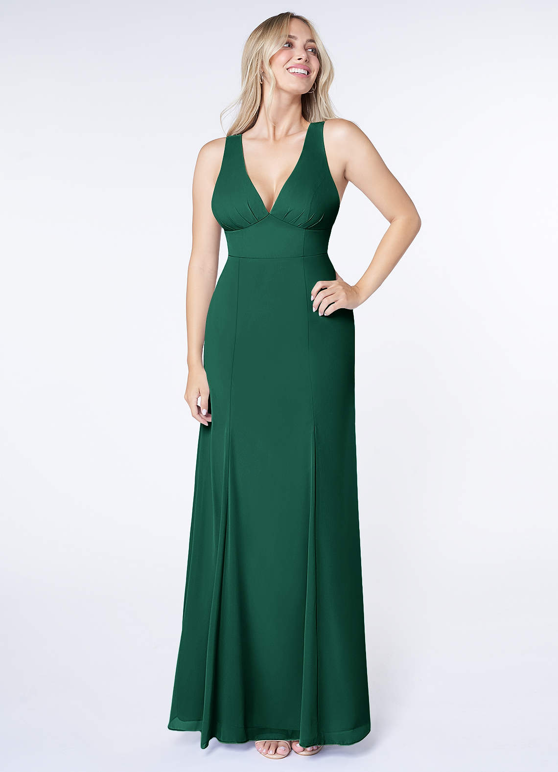 Azazie Christiana Bridesmaid Dresses Emerald A-Line V-Neck Pleated Chiffon Dress image1