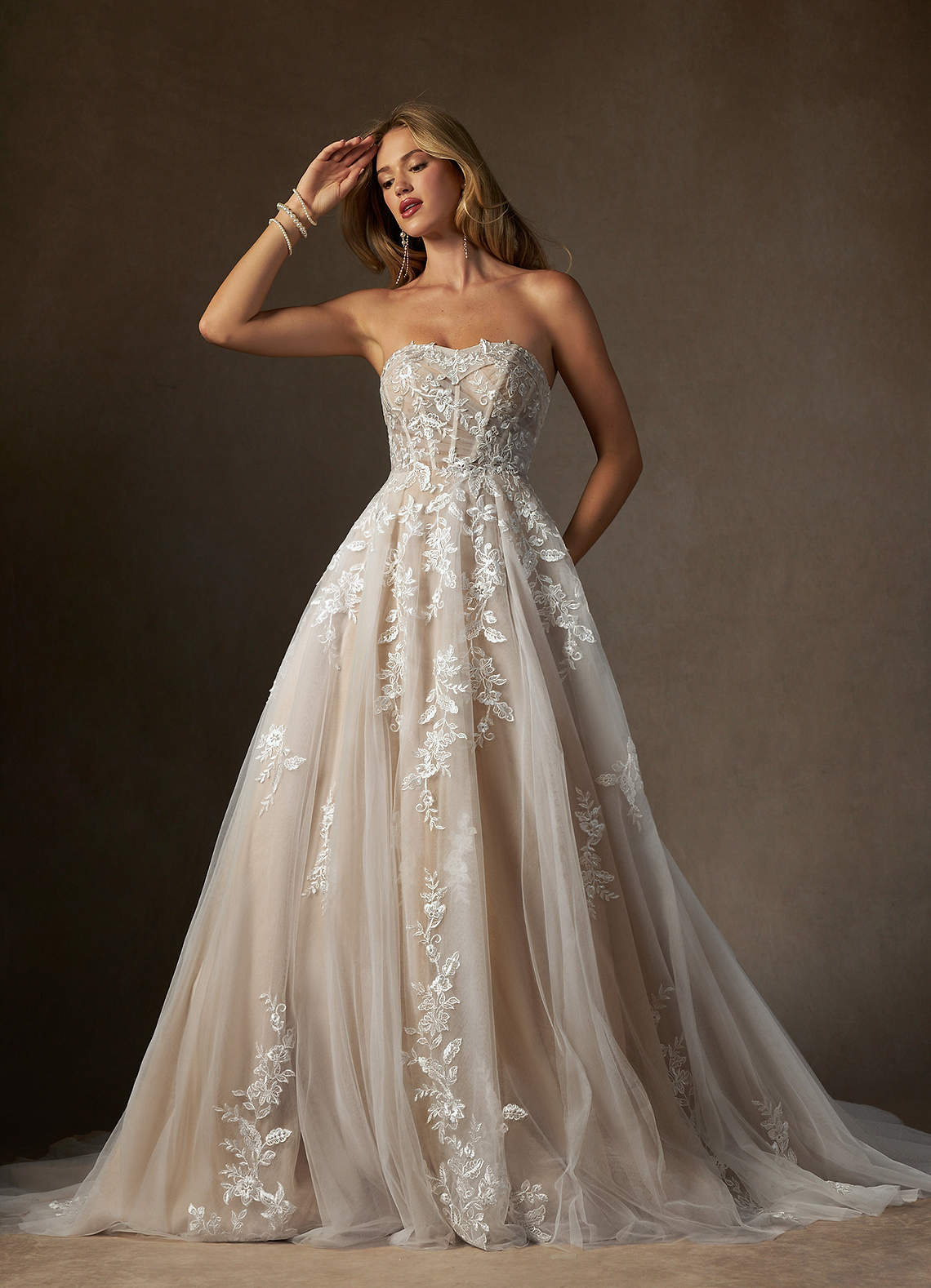 Azazie Keri Diamond White Sand Ball-Gown Strapless Lace Dress | Azazie