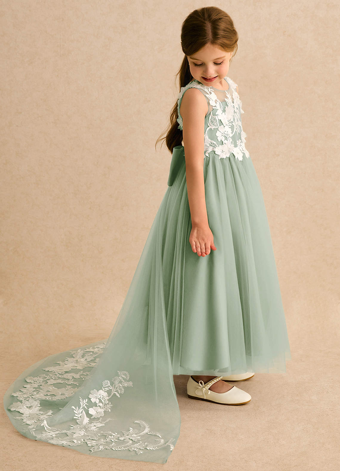 Azazie Mixie Flower Girl Dresses Dusty Sage Ball-Gown Lace Dress image2