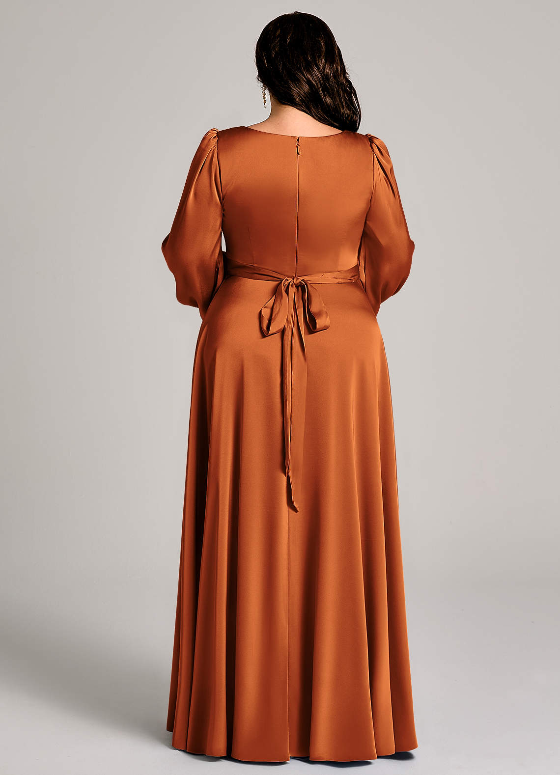 Azazie Leonia Bridesmaid Dresses Cinnamon A-Line Long Sleeve Stretch Satin Dress image12