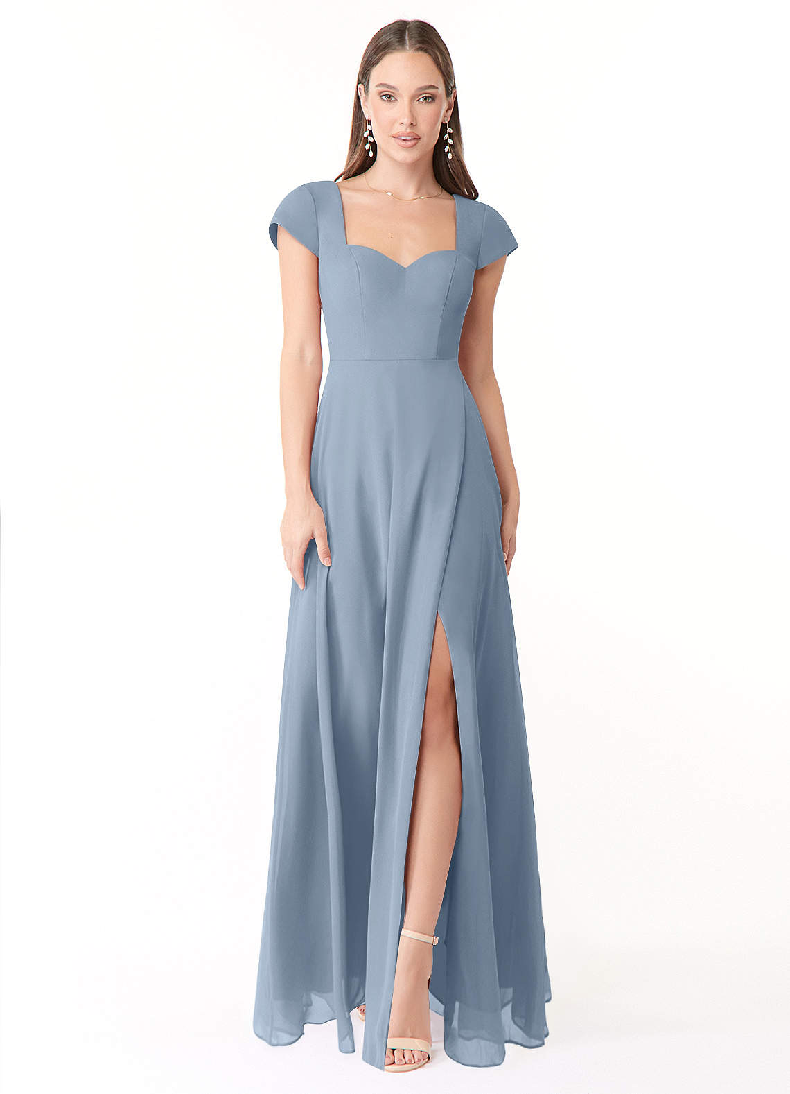 Azazie Hainsly Robes de demoiselle d'honneur Robe Trapèze en Mousseline de soie Encolure en Forme de Cœur Bleu Poussiéreux image1