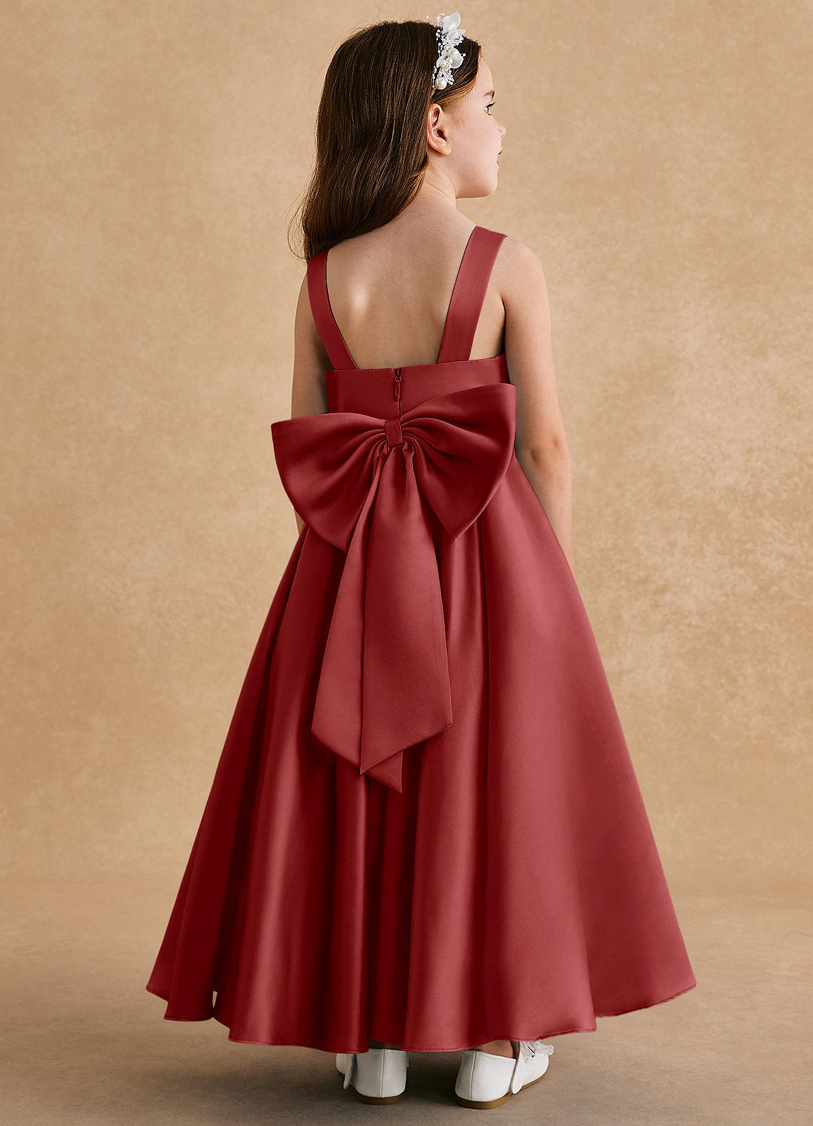 Azazie Honey Bear Flower Girl Dresses Rust A-Line Pleated Matte Satin Dress image1