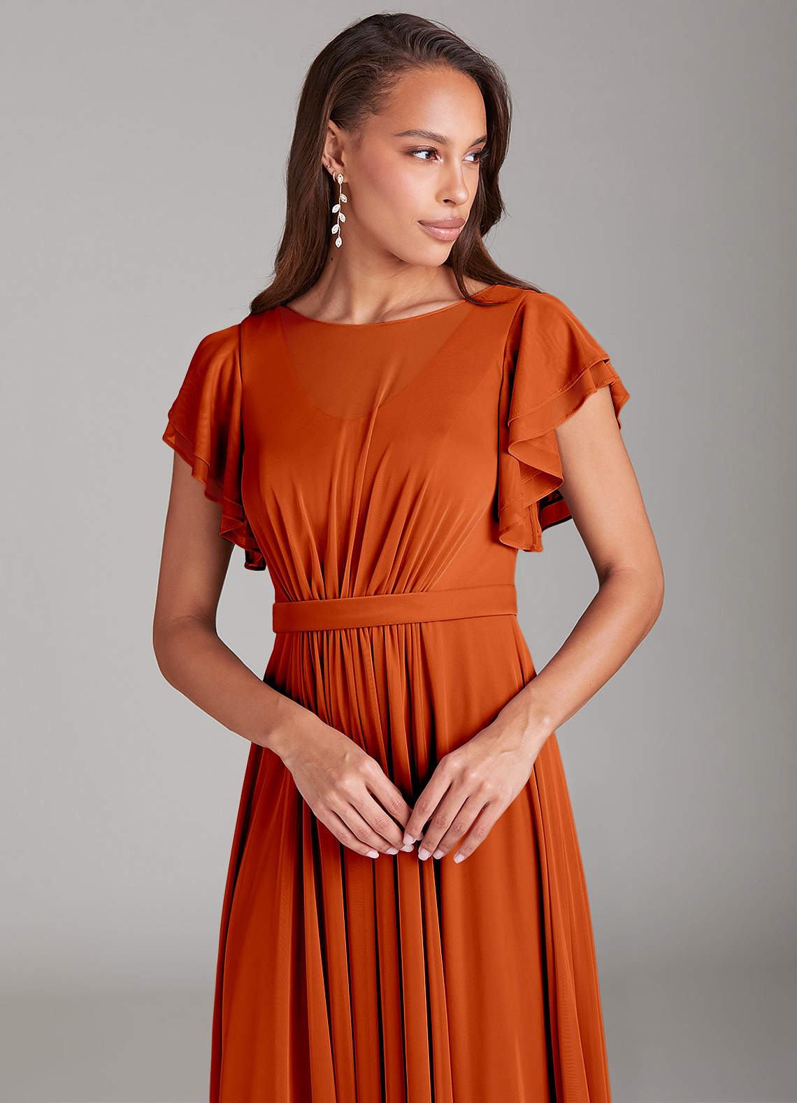 Azazie Daphne At-home Try On Dresses A-Line Ruched Mesh Floor-Length Dress image3