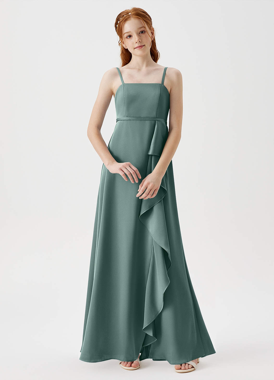 eucalyptus junior bridesmaid dresses Azazie A-Line/Princess Off The Shoulder Floor-Length Stretch Satin Junior Bridesmaid Dresses