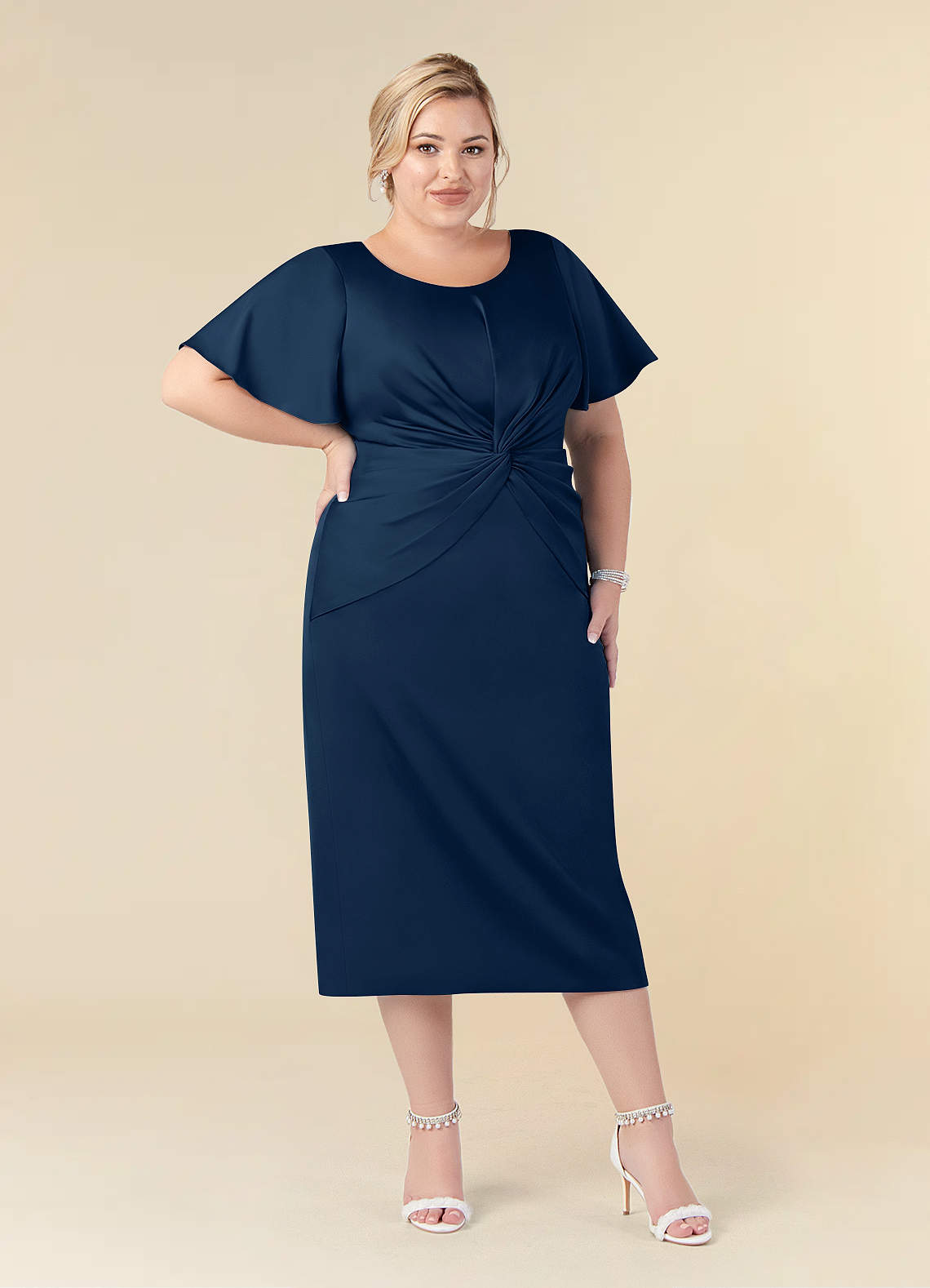 Azazie Everlyn Dark Navy Sheath Pleated Stretch Satin Dress | Azazie