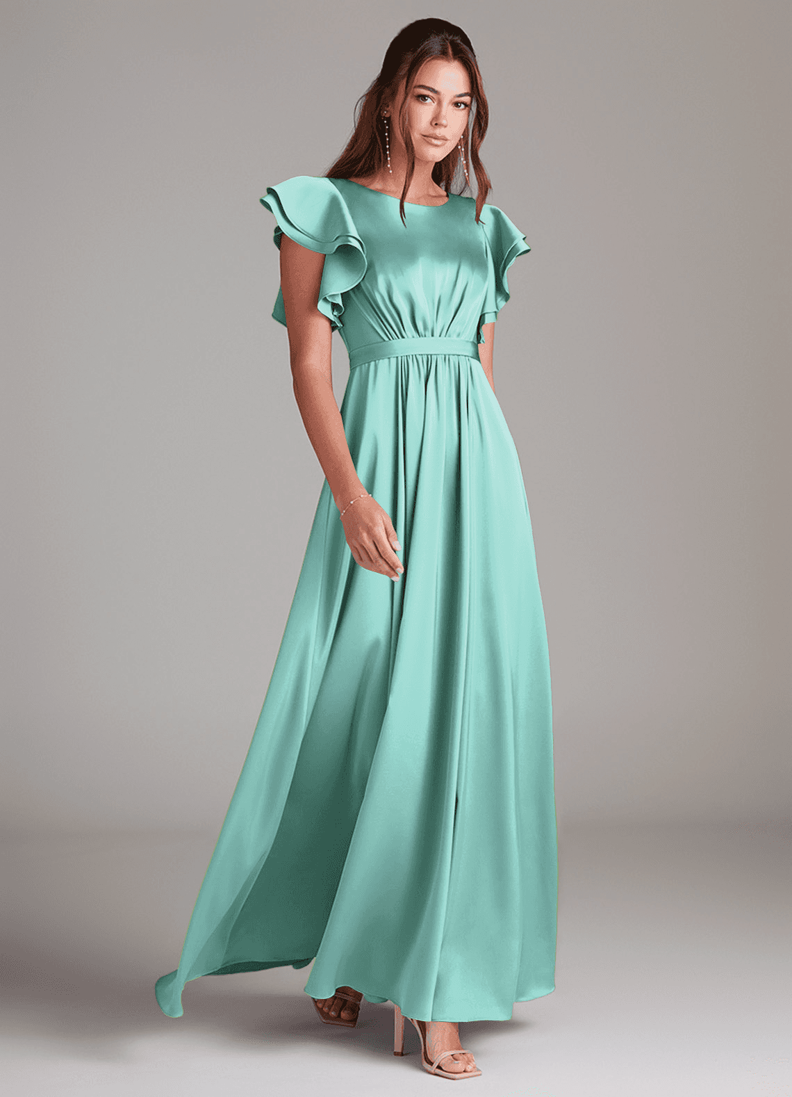 Azazie Daphne Modest Bridesmaid Dresses A-Line Ruched Stretch Satin Floor-Length Dress image1