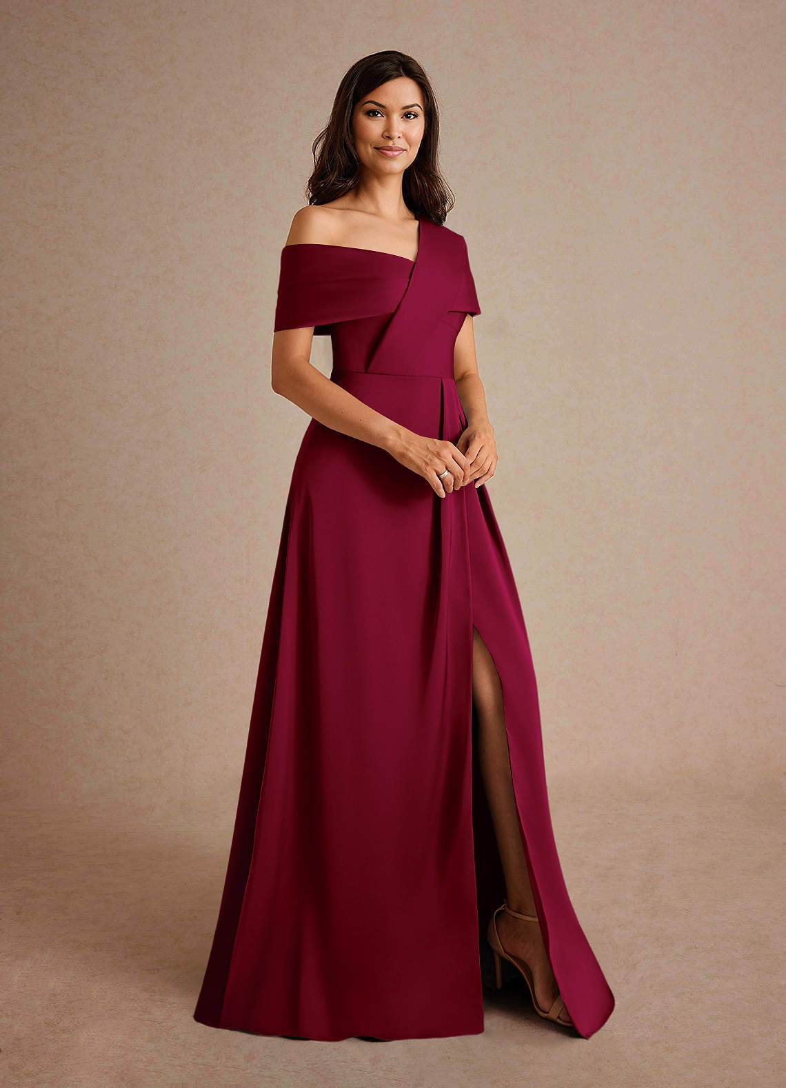 Azazie Milton Mother of the Bride Dresses Burgundy A-Line Pleated Stretch Satin Dress image5