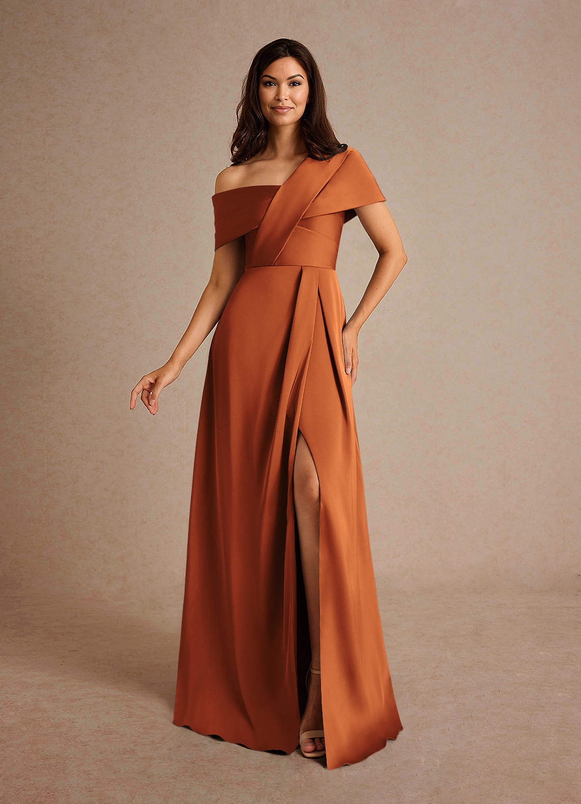 Azazie Milton Mother of the Bride Dresses Cinnamon A-Line Pleated Stretch Satin Dress image1