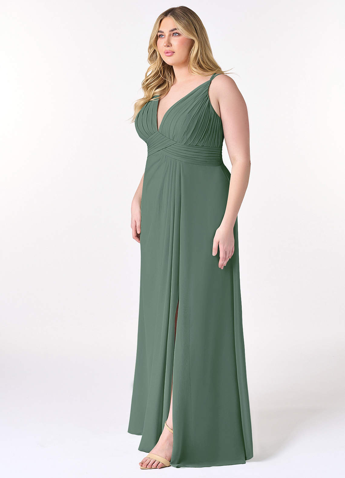 Azazie Maren Allure Robes de demoiselle d'honneur Robe Trapèze en Mousseline de soie Col V dentelle Eucalyptus image7