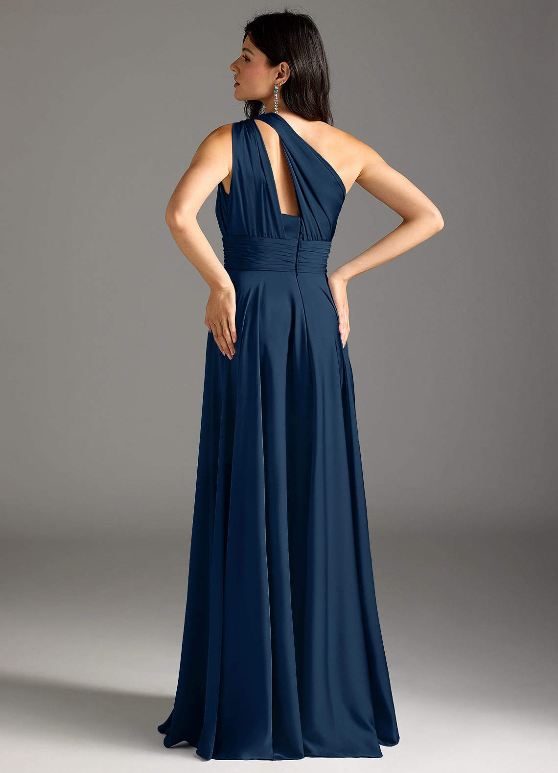 Azazie Charlize Bridesmaid Dresses Dark Navy A-Line One Shoulder Stretch Satin Dress image5
