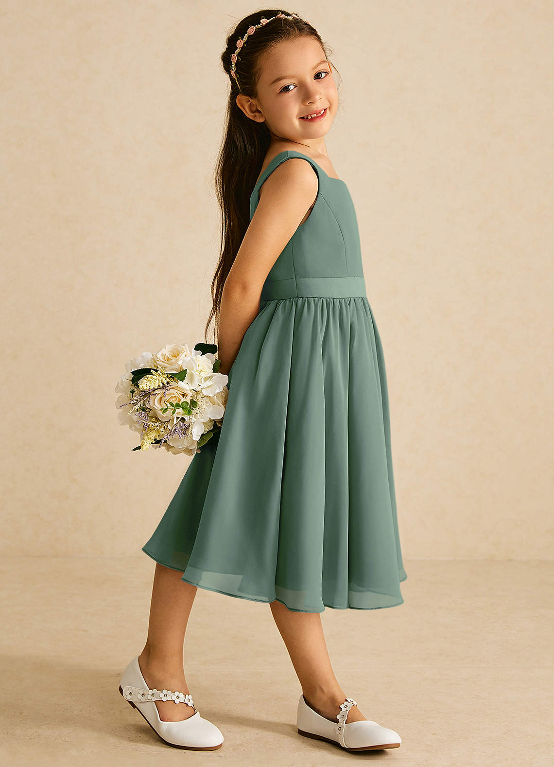 Azazie Ari Flower Girl Dresses Eucalyptus A-Line Sleeveless Chiffon Dress image2