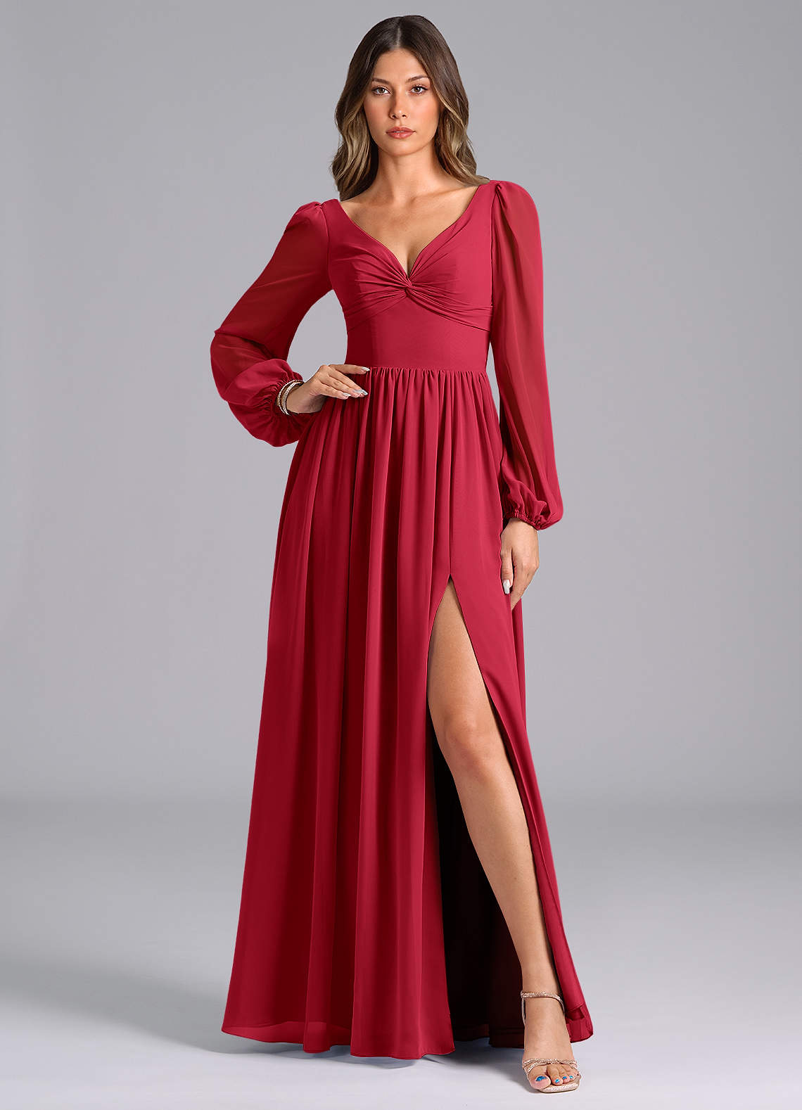 Azazie Zeya Bridesmaid Dresses Scarlet A-Line Long Sleeve Chiffon Dress image1