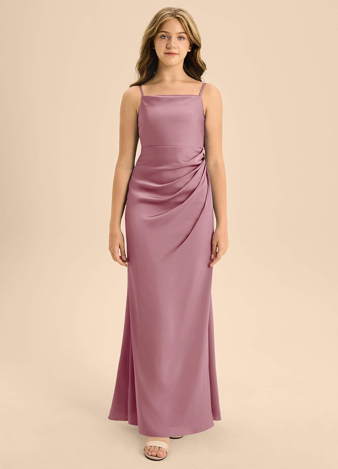 Azazie Renna Junior Vestido de Malva Vintage de Satén Elástico de Corte en A con Plisado image5