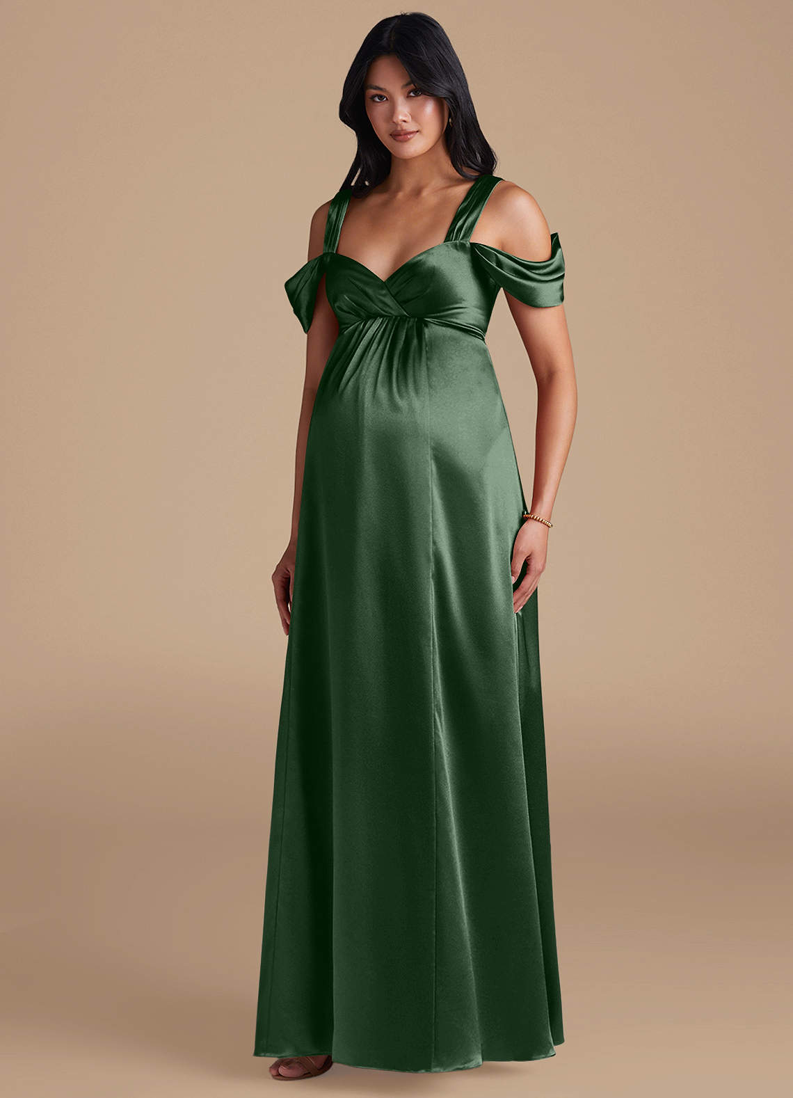 Azazie Rhea Maternity Bridesmaid Dresses A-Line Pleated Metallic Satin Floor-Length Dress image1