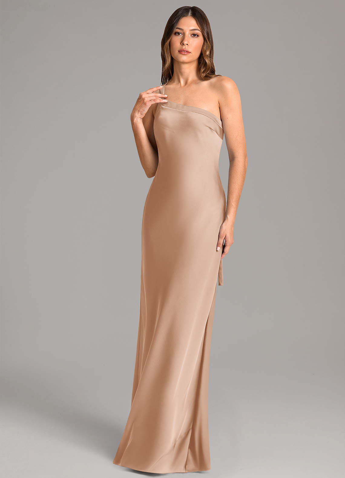 Azazie Monroe Kleider zum Anprobieren zu Hause Meerjungfrau-Linie One-Shoulder Stretch-Satin Kleid Englisches Rosa image1