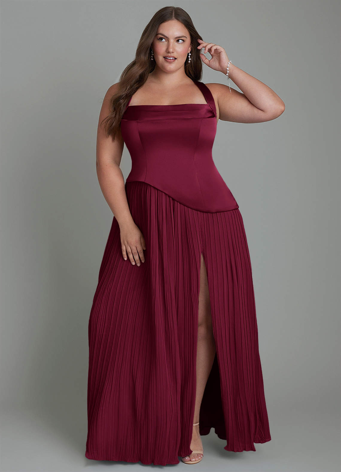 Azazie Stephanie Bridesmaid Dresses Burgundy A-Line Pleated Stretch Satin Dress image1