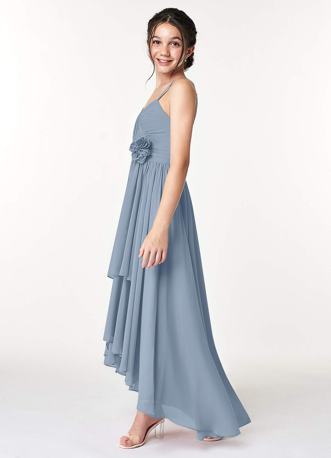 Azazie Catalina Junior Dusty Blue A-Line Ruched Chiffon Dress image4