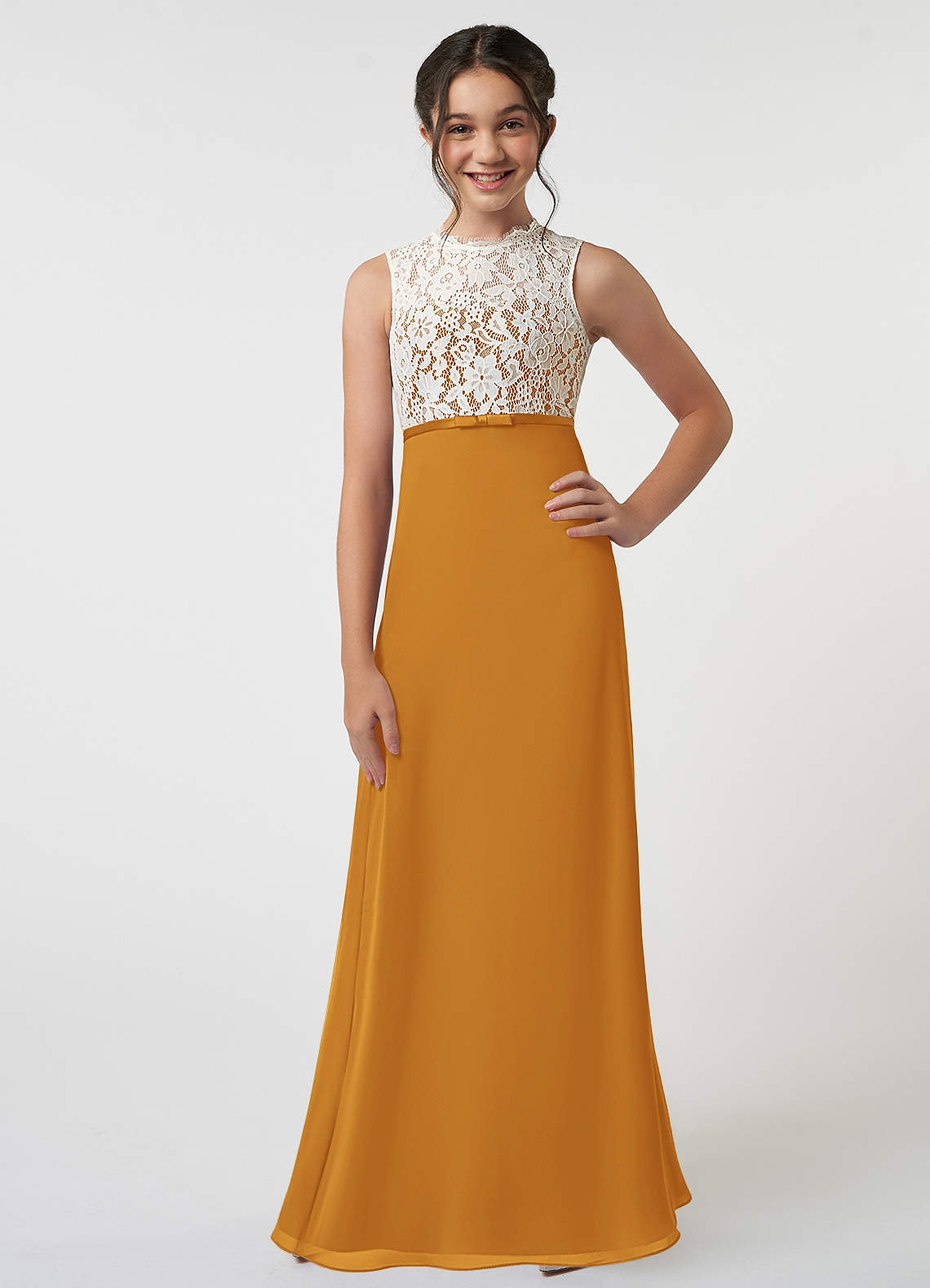 Azazie Rana Junior A-Linie Spitze Chiffon Kleid Butterscotch image1