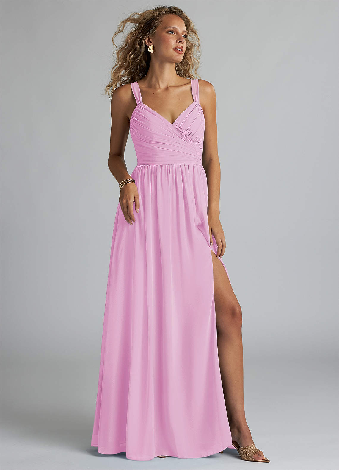 Azazie Aziza Bridesmaid Dresses Candy Pink A-Line V-Neck Pleated Chiffon Dress image1