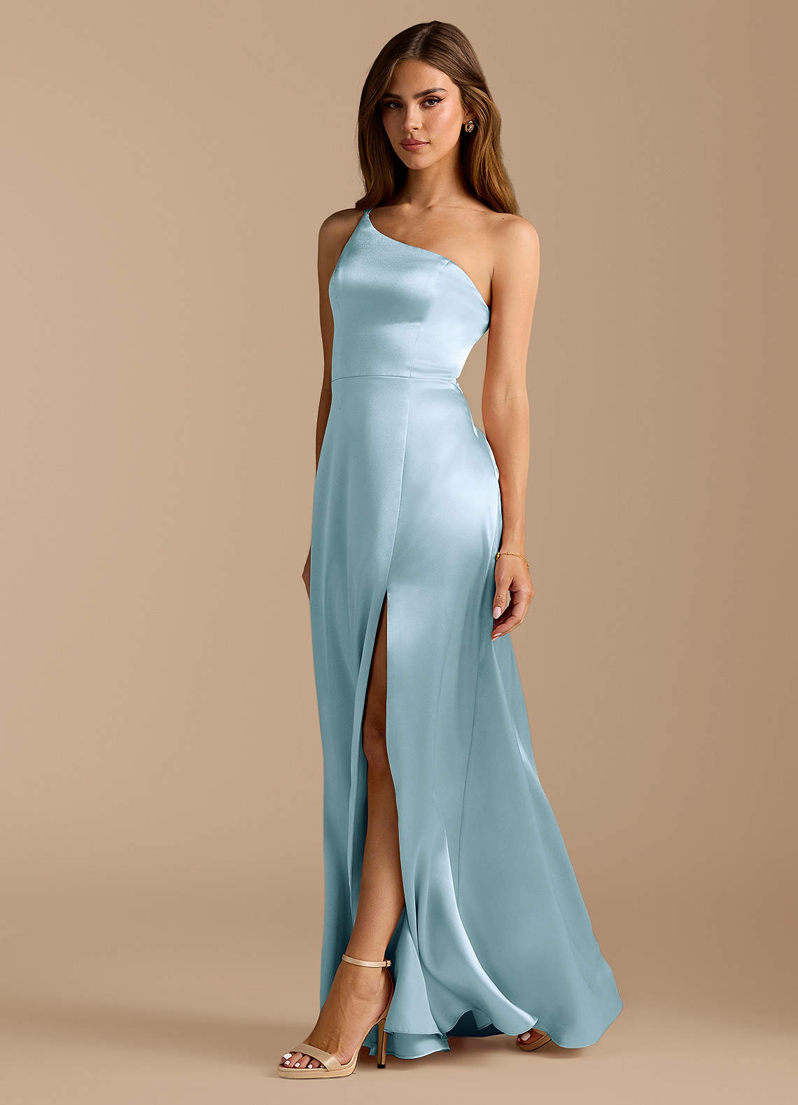 Azazie Trina Brautjungfernkleider A-Linie One-Shoulder Metallischer Satin Kleid Himmelblau image1
