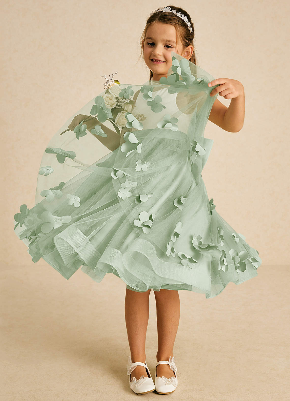 Azazie Sprout Flower Girl Dresses Dusty Sage A-Line Bow Tulle Dress image2