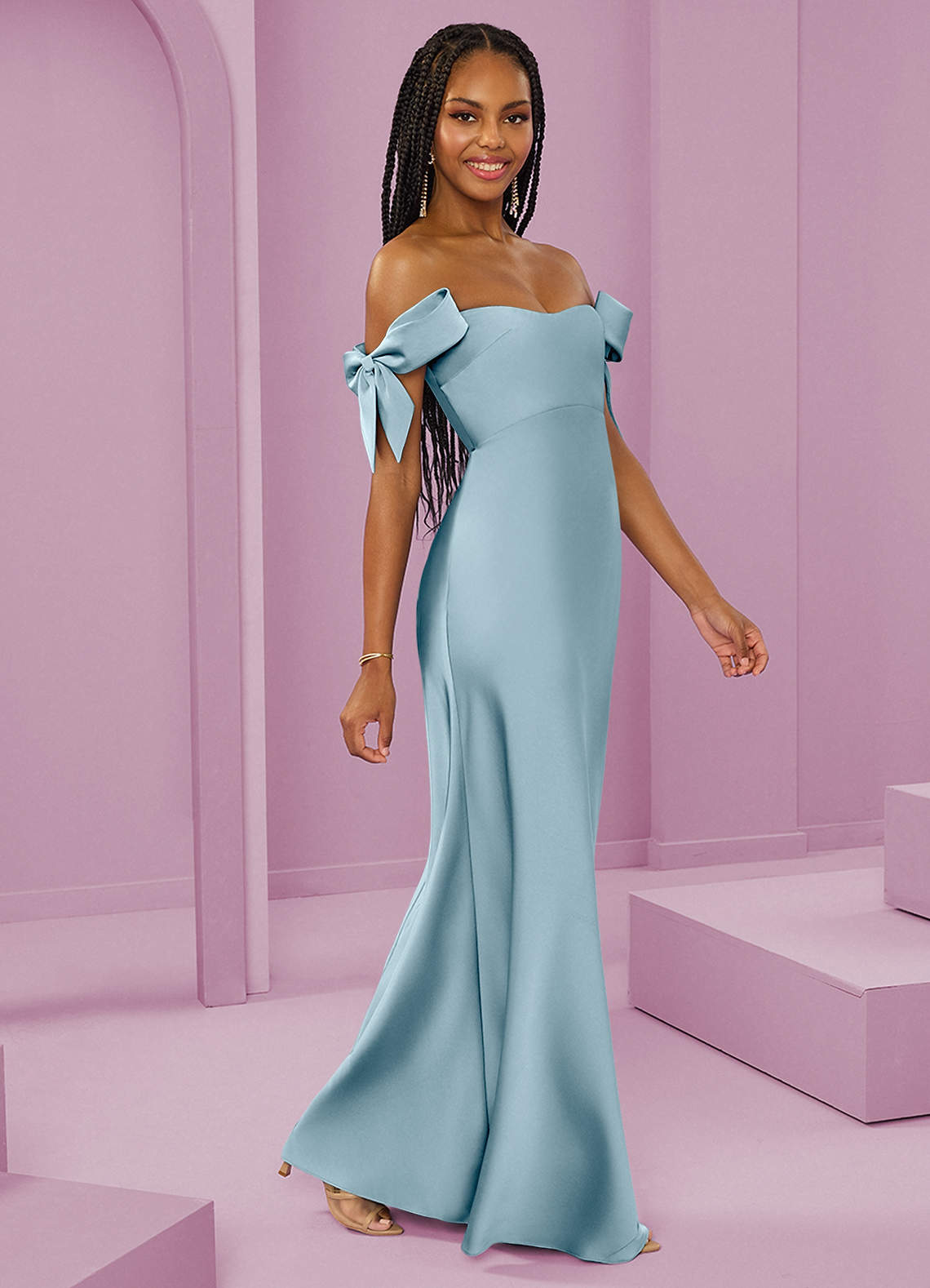 Barbie ♥ Azazie Bridesmaid Dresses Moody Blue Sheath Off the Shoulder Stretch Satin Convertible Dress image1