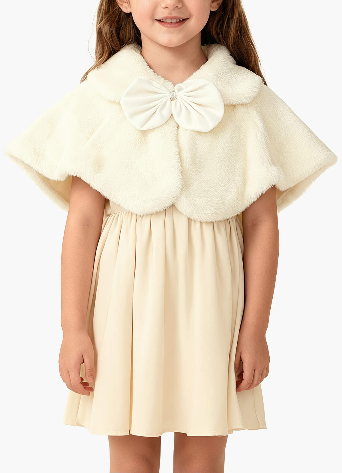 front Flower Girl Statement Bow Faux Fur Cape