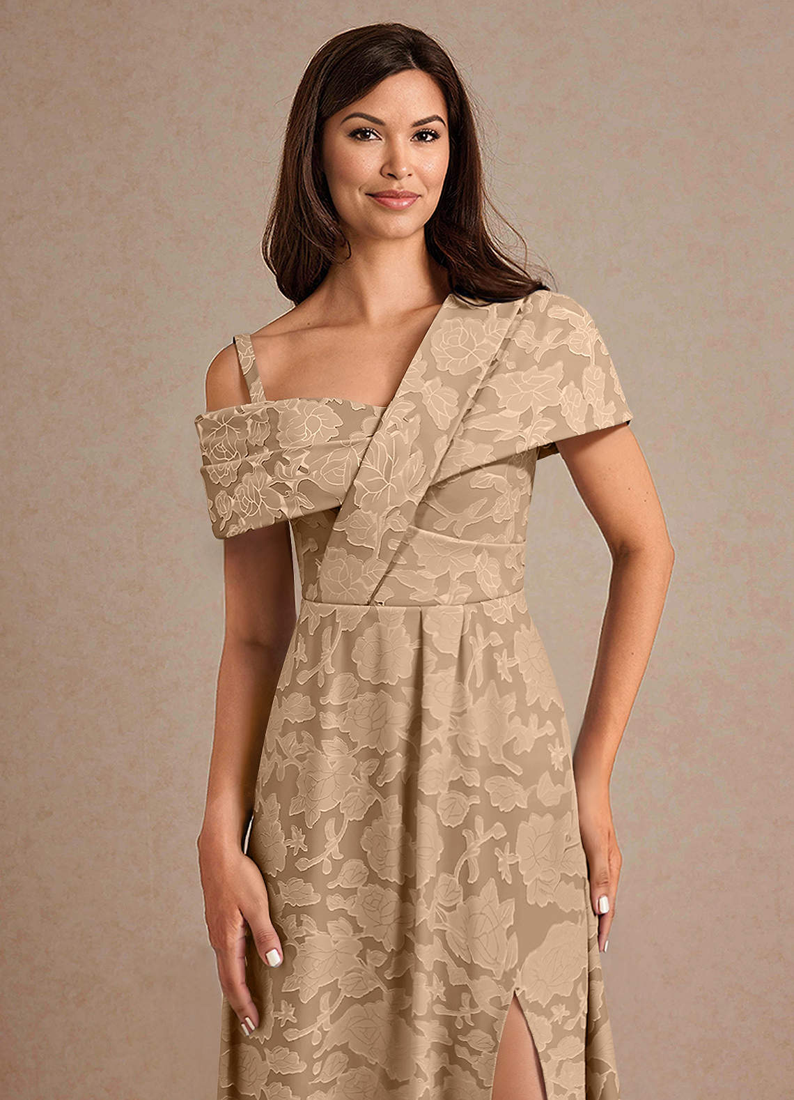 Azazie Milton Mother of the Bride Dresses Champagne A-Line Pleated Floral Burnout Dress image6