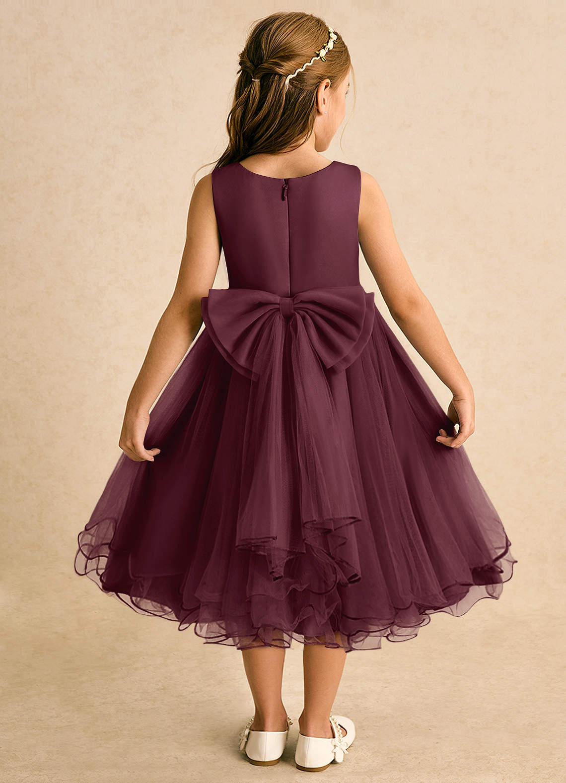 Azazie Lass Flower Girl Dresses Cabernet A-Line Bow Tulle Dress image1