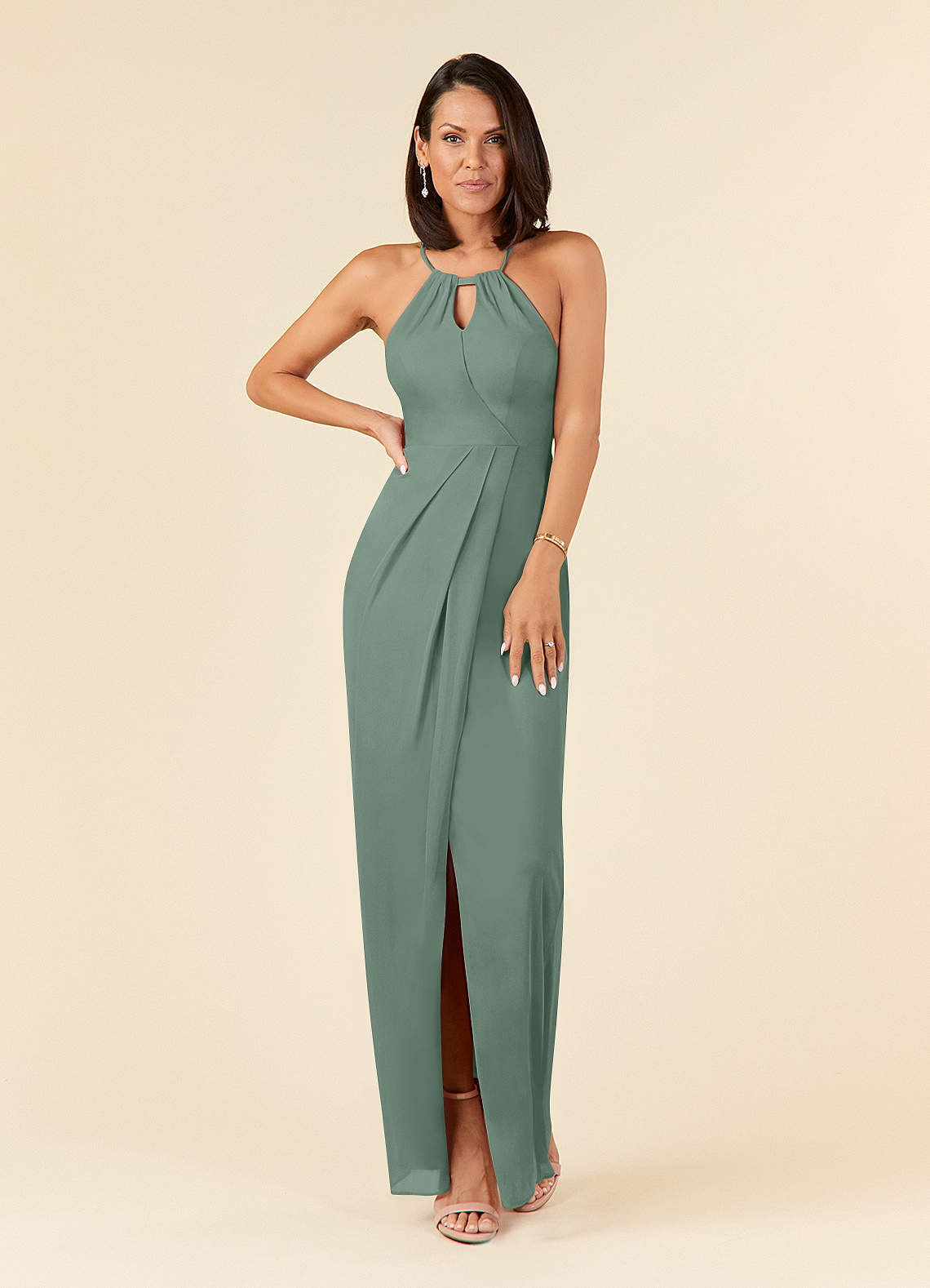 Azazie Hadid Mother of the Bride Dresses Eucalyptus Sheath Pleated Mesh Dress image1