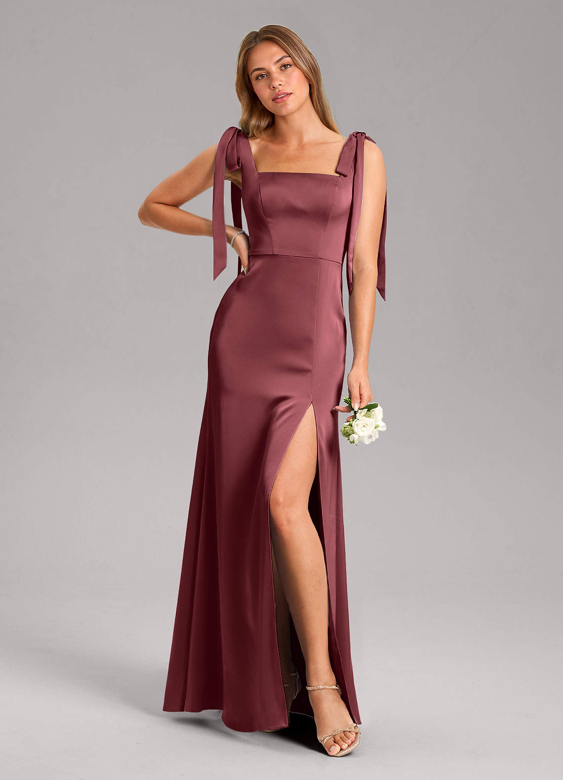 Azazie Frostine Brautjungfernkleider A-Linie Schleifen Stretch-Satin Kleid Merlot image1