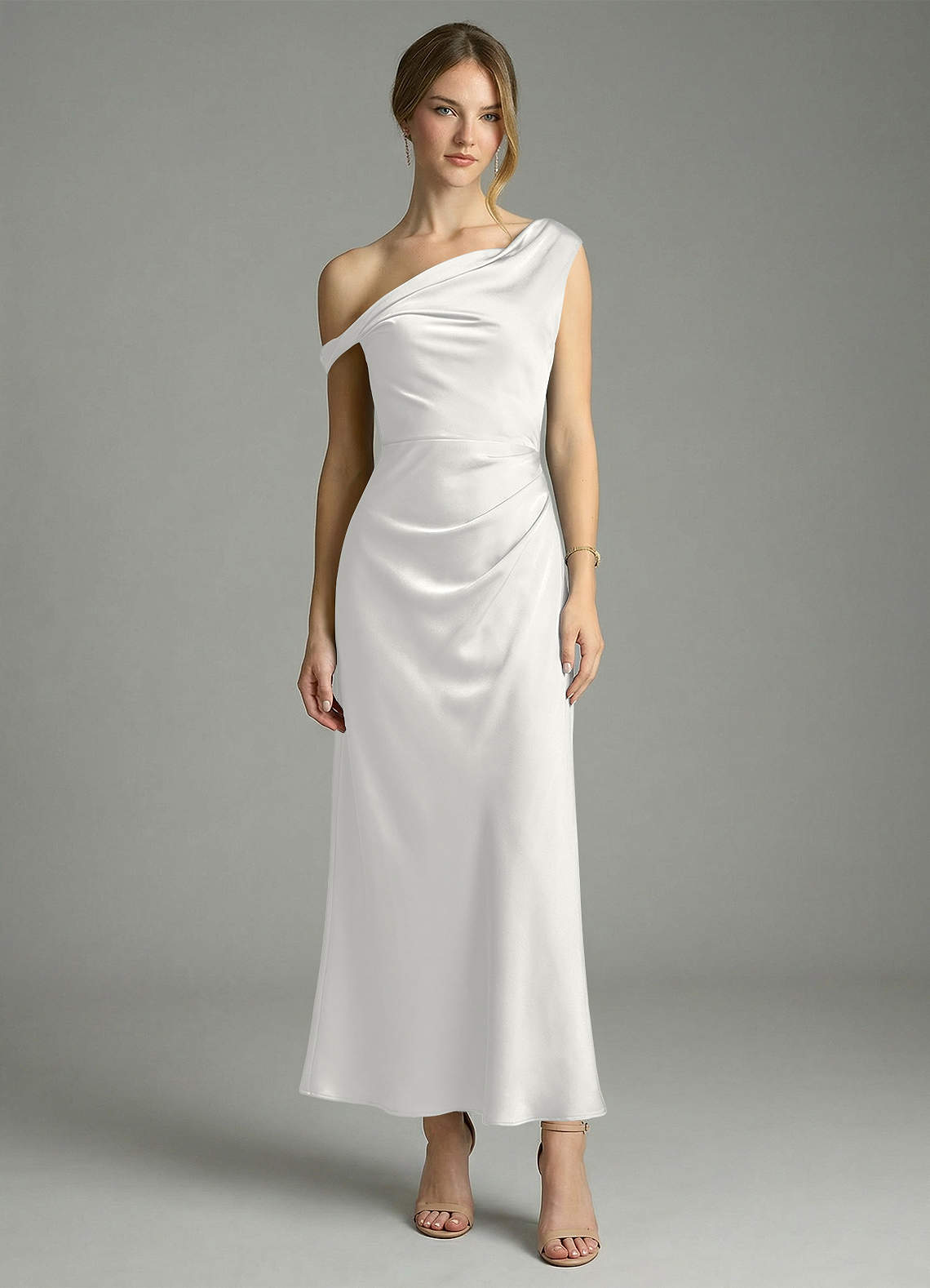 Azazie Emerson Bridesmaid Dresses White Mermaid Off the Shoulder Stretch Satin Dress image4