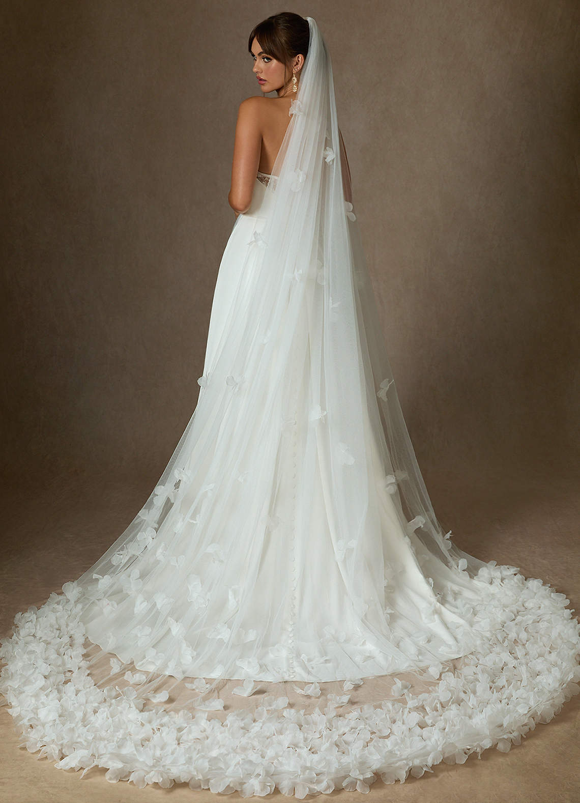front Scattered 3D Flowers Cathedral Length Veil