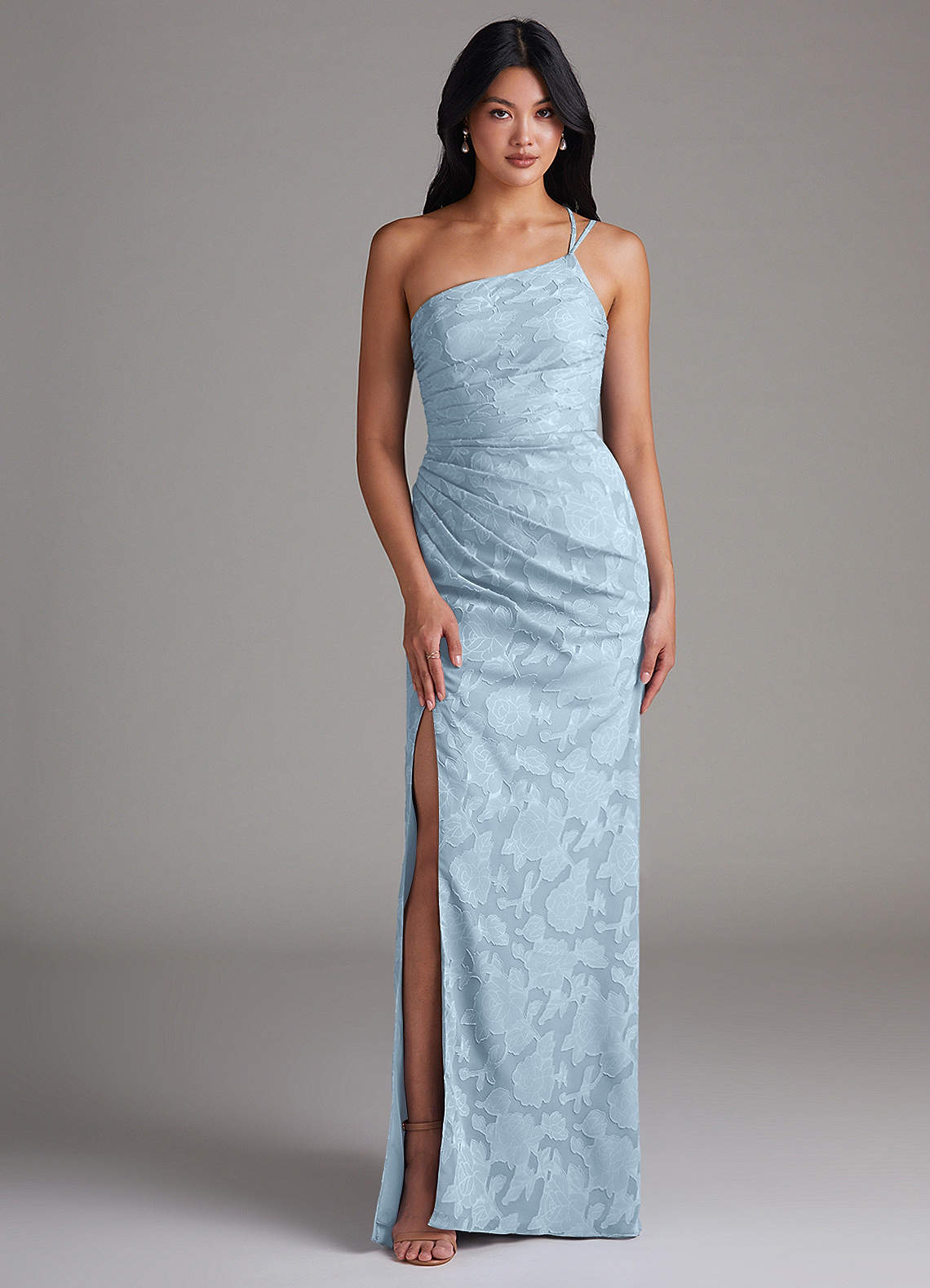 Azazie Eren Vestidos de damas de honor Vestido de Azul Cielo de Devorado Floral de Corte Recto con Hombro unilateral image1