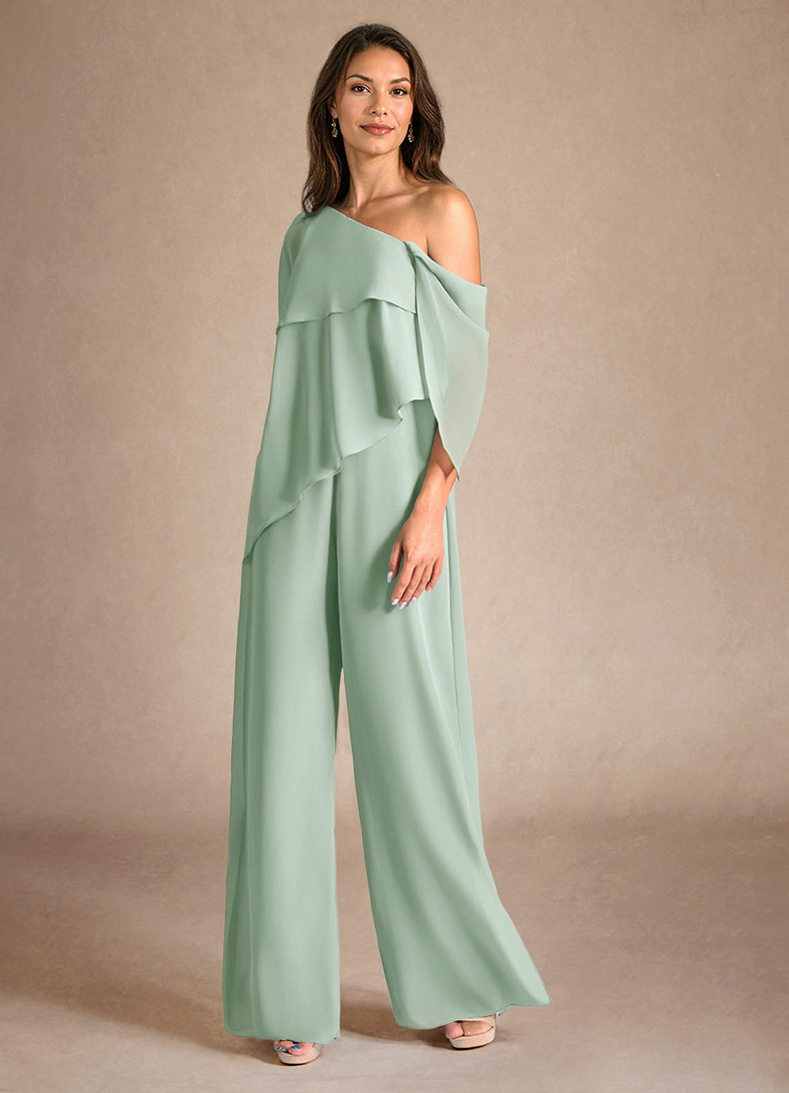 Azazie Halima Abiti per la Madre della Sposa Abito Tuta Pantaloni in Chiffon Spacco Laterale Agave image1