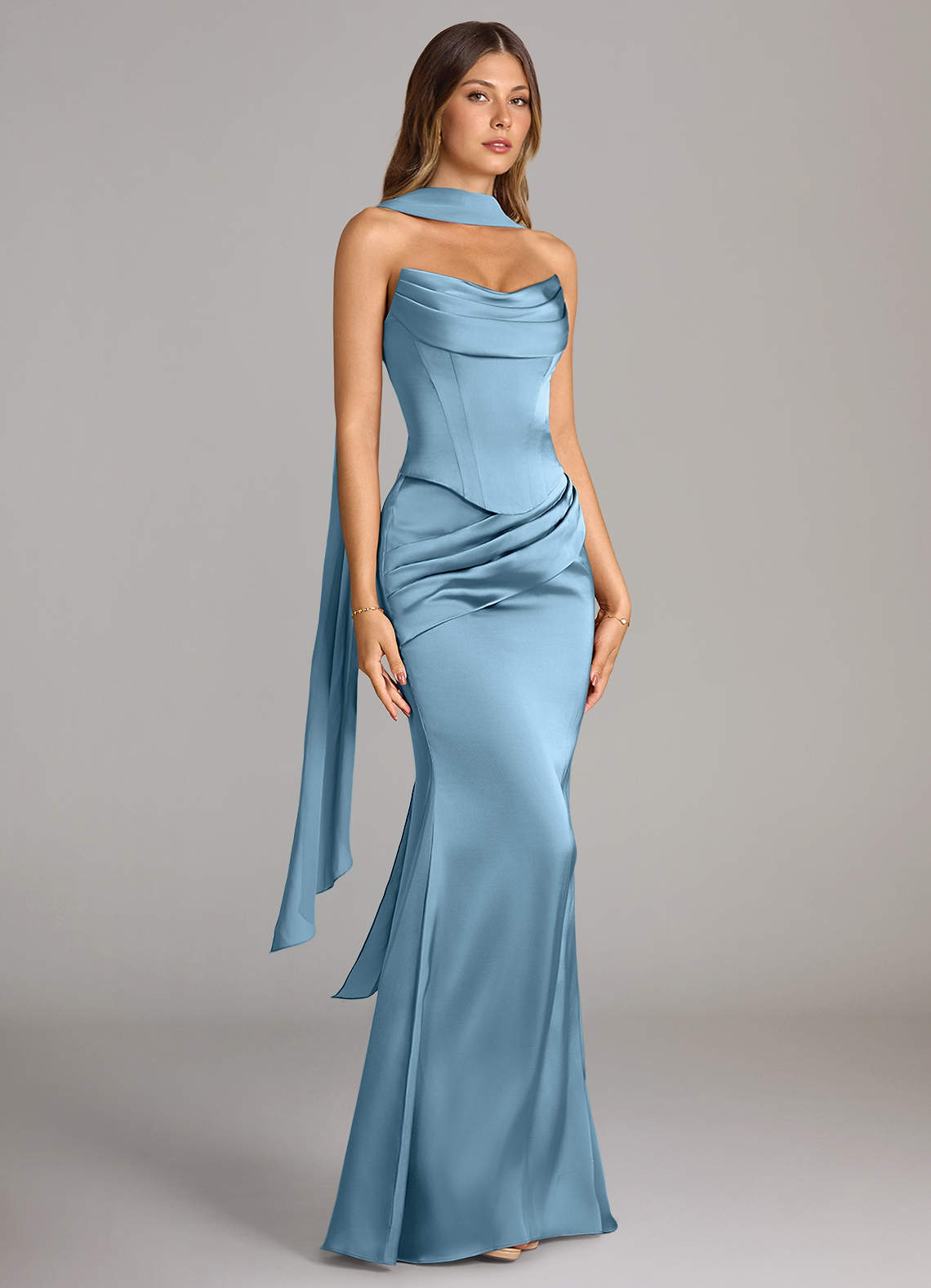 Azazie Sorrel Vestidos de damas de honor Vestido de Azul Acero de Satén Elástico de Corte Sirena Convertible con Sin tirantes image2