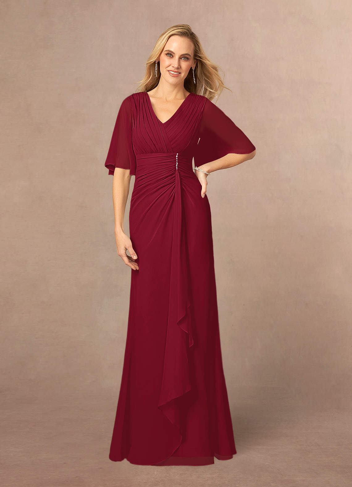Azazie Carson Mother of the Bride Dresses Burgundy A-Line V-Neck Lace Chiffon Dress image1