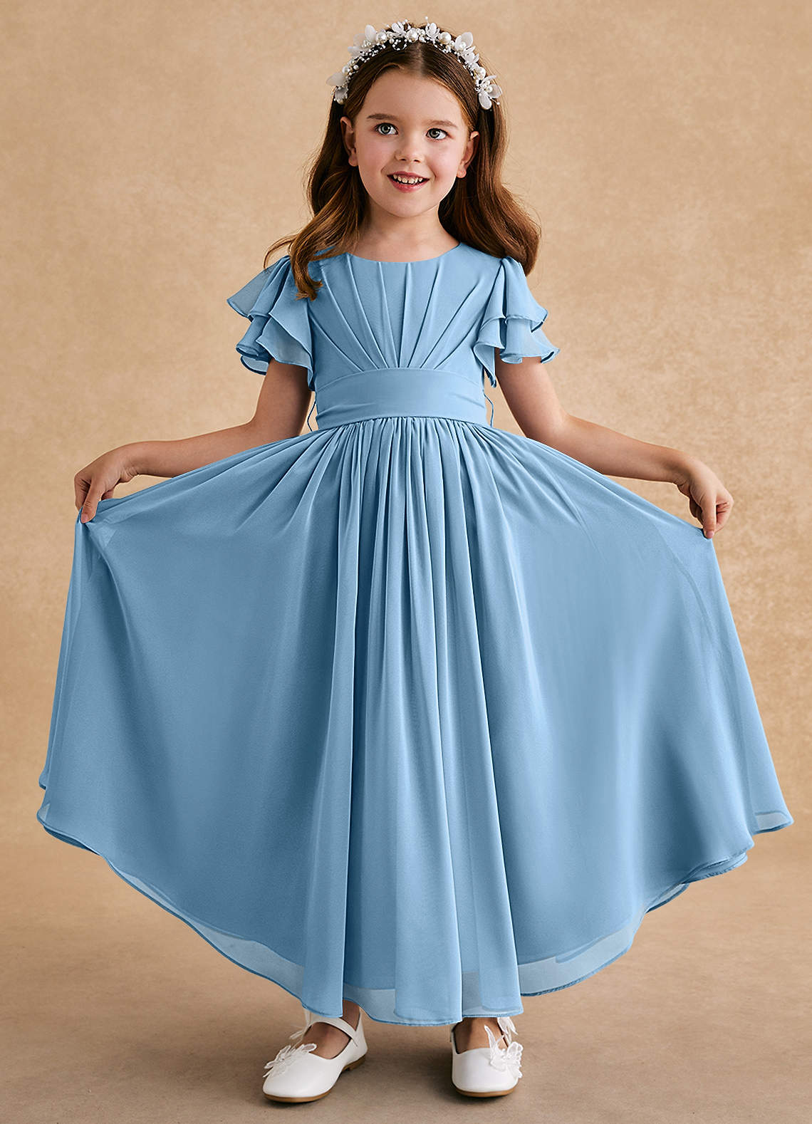 Azazie Ali Steel Blue A-Line Pleated Chiffon Dress Azazie