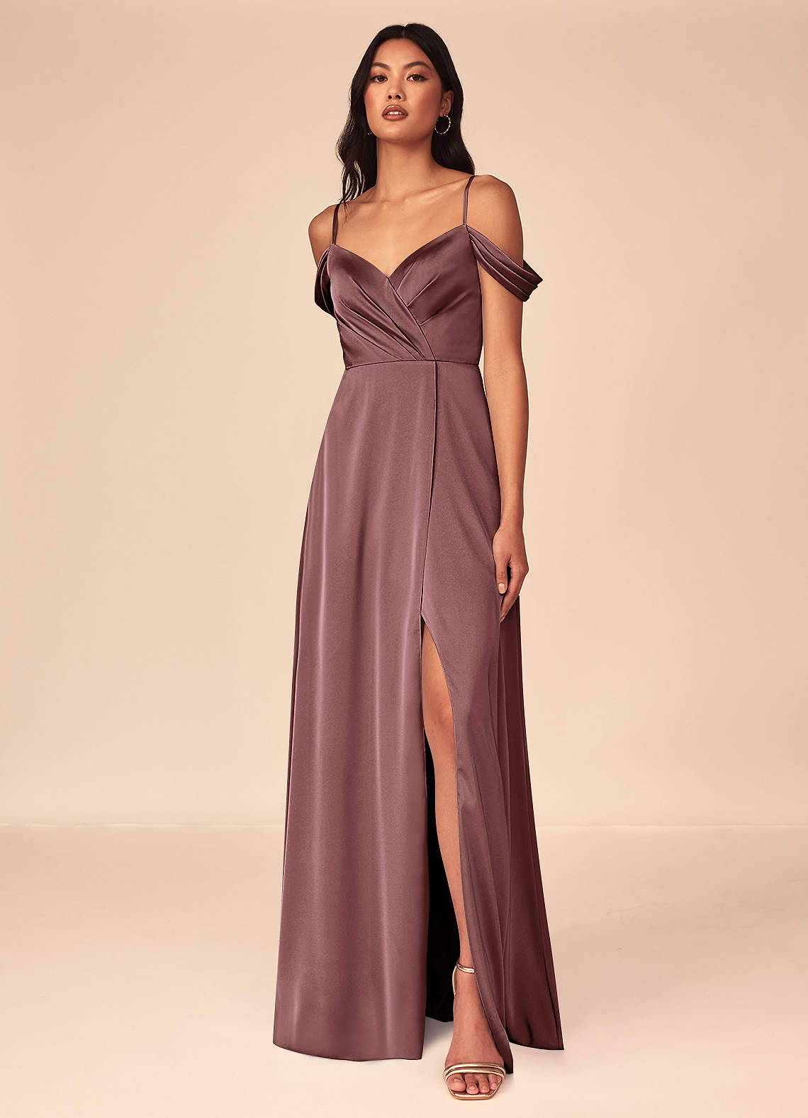 Azazie Ocean Bridesmaid Dresses Vintage Mauve A-Line V-Neck Pleated Stretch Satin Dress image1