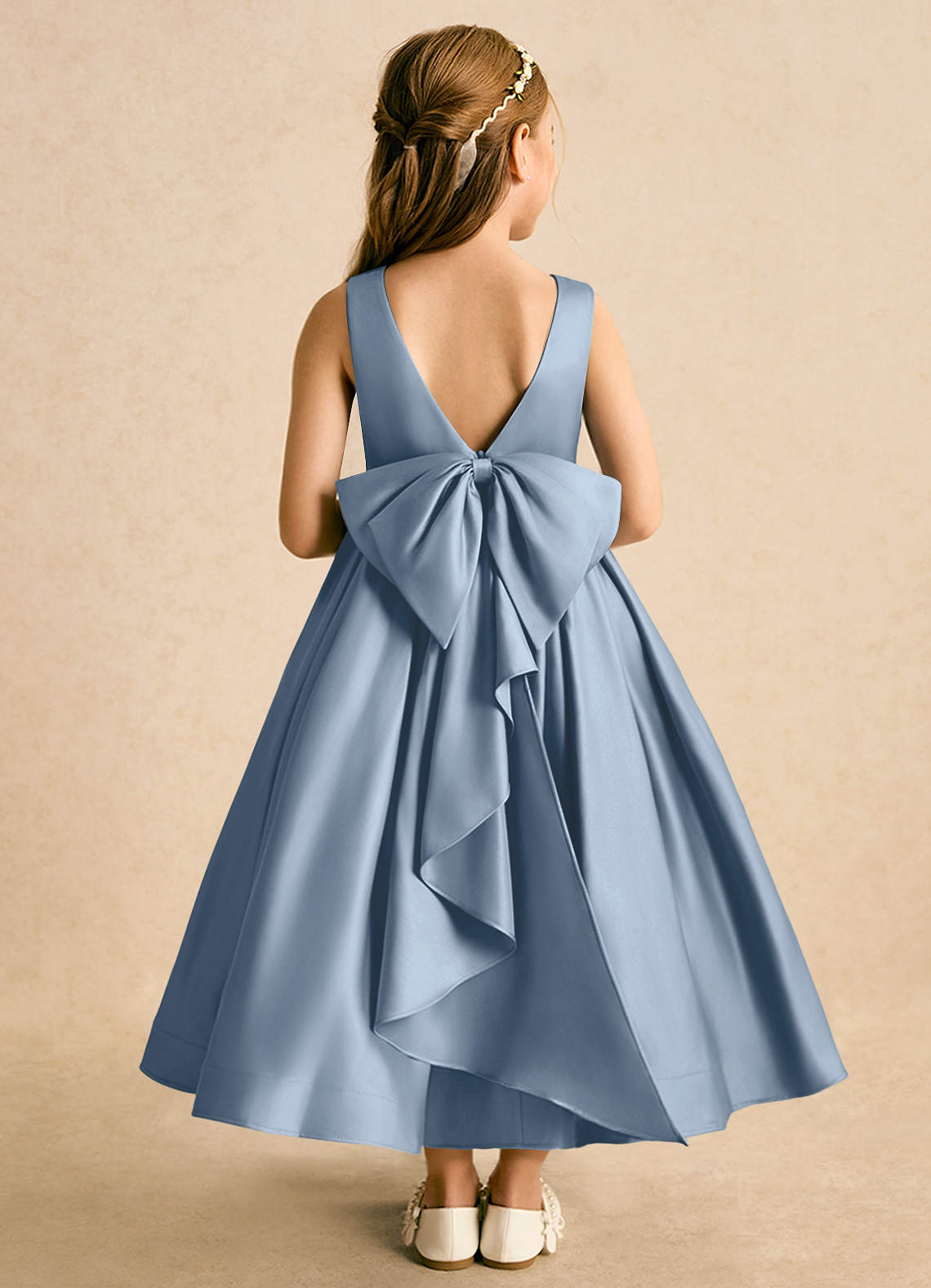 Azazie Cailee Flower Girl Dresses Dusty Blue Ball-Gown Pleated Matte Satin Dress image1
