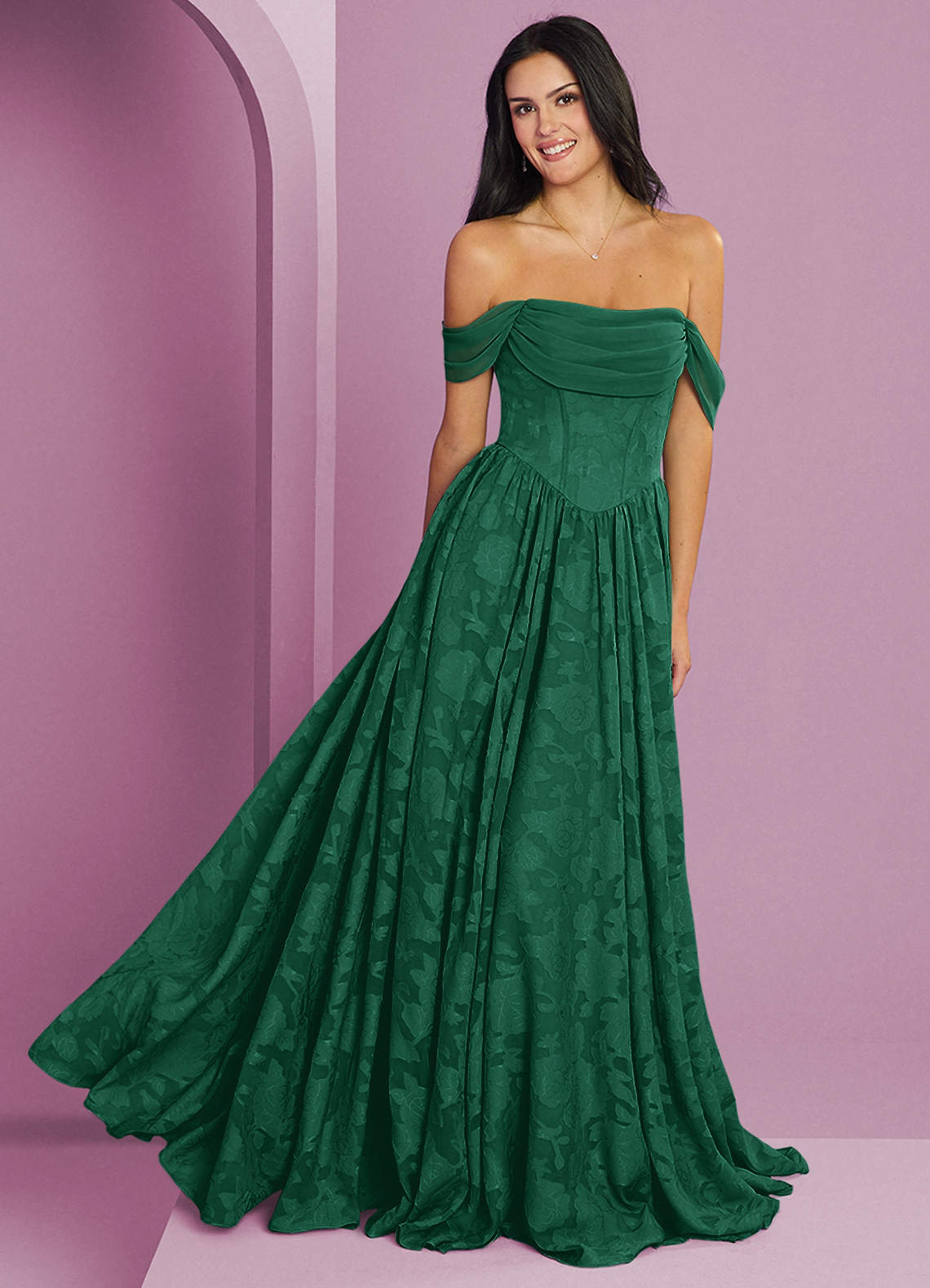 Barbie ♥ Azazie Jurken voor bruidsmeisjes Converteerbaar Jurk van Bloemen Burn-out met A-Lijn Off the Shoulder Smaragd image1